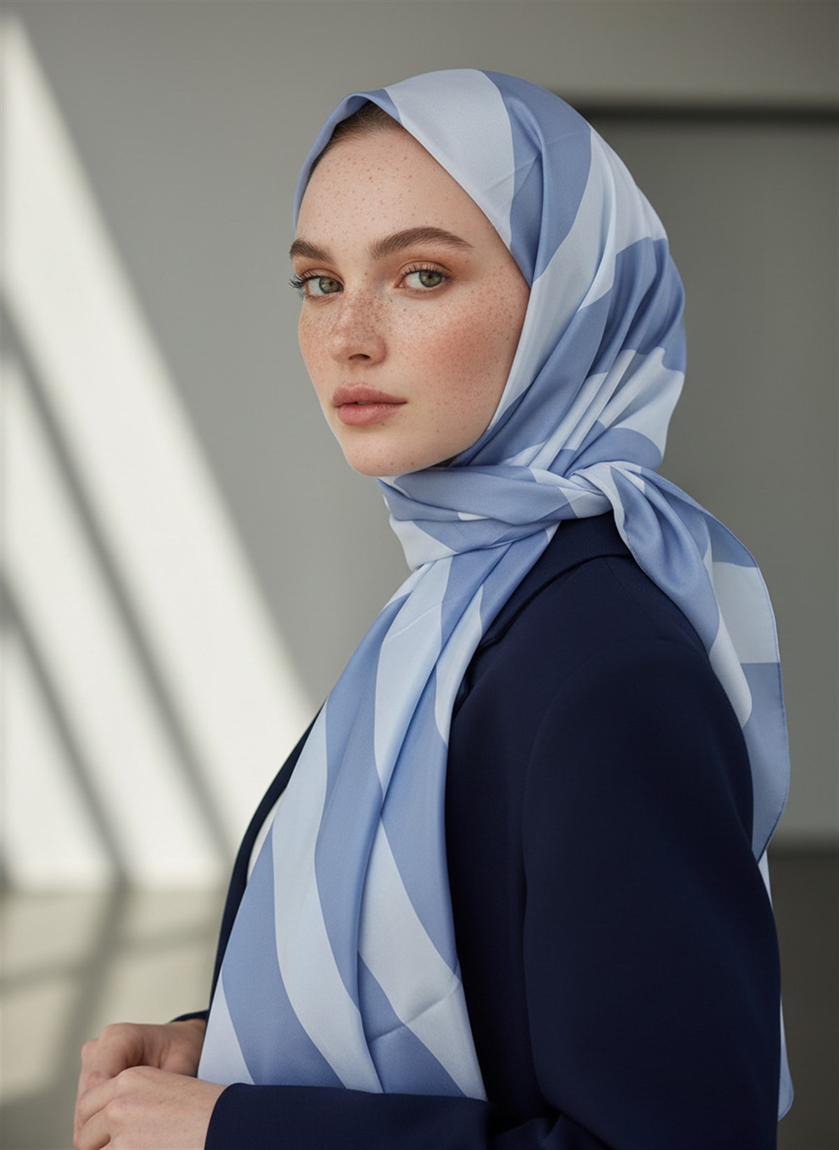 %100 Saf İpek Şal İnce Saten Vual Dokuma Çizgili Desenli Bebe Mavisi - Buz Mavisi Renkli 90x210 Şal