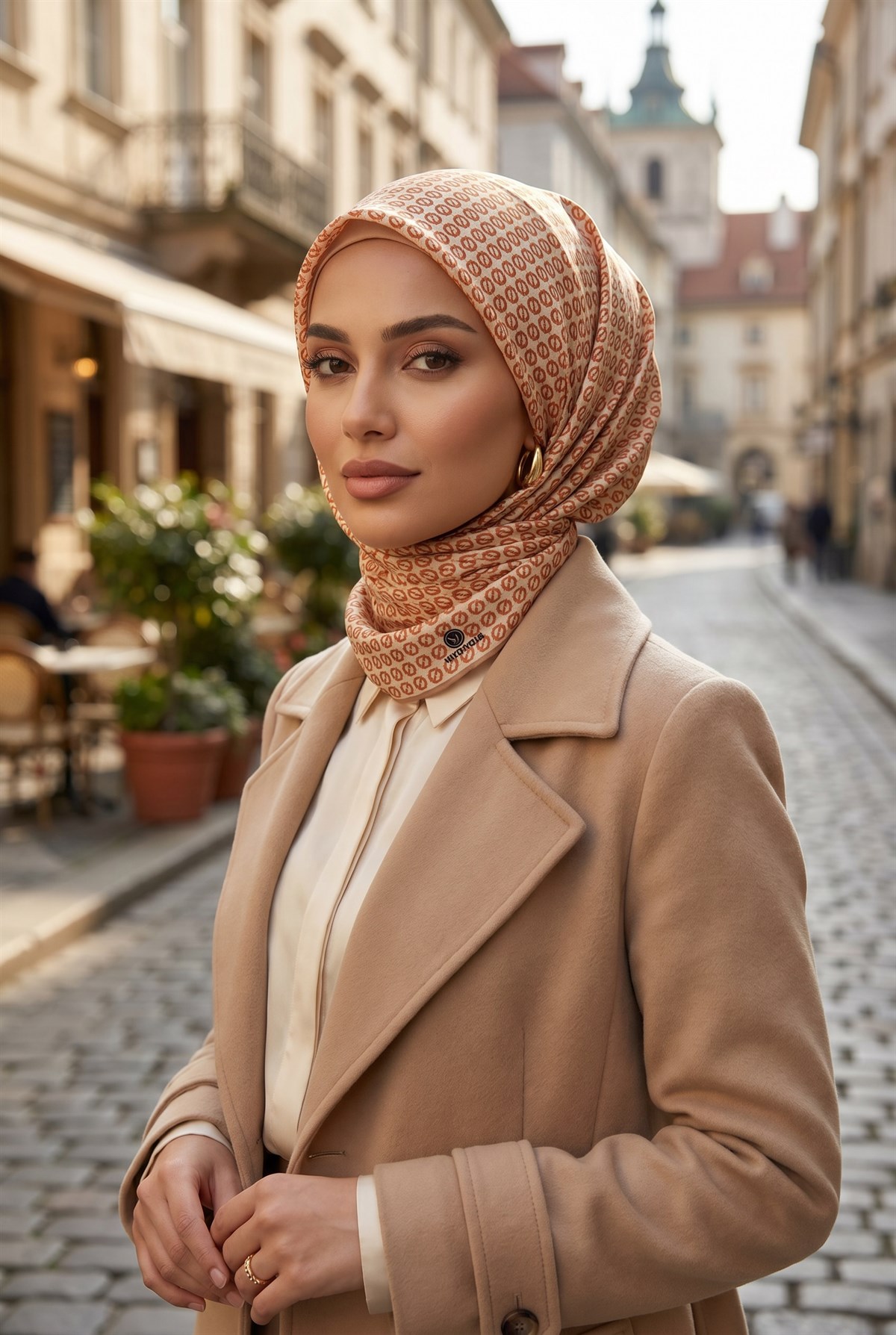 %100 Twill İpek Zincir Desenli Krem - Bakır Renkli 90x90 Eşarp Kenar Dikiş Şekli El Dikişli