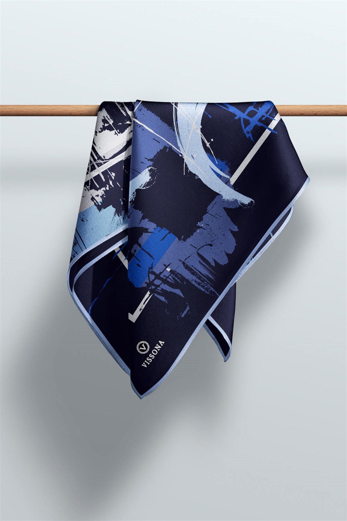 %100 Twill İpek Geometrik Desenli Lacivert - Bebe Mavisi Renkli 90x90 Eşarp Dikim Şekli : El Dikişi