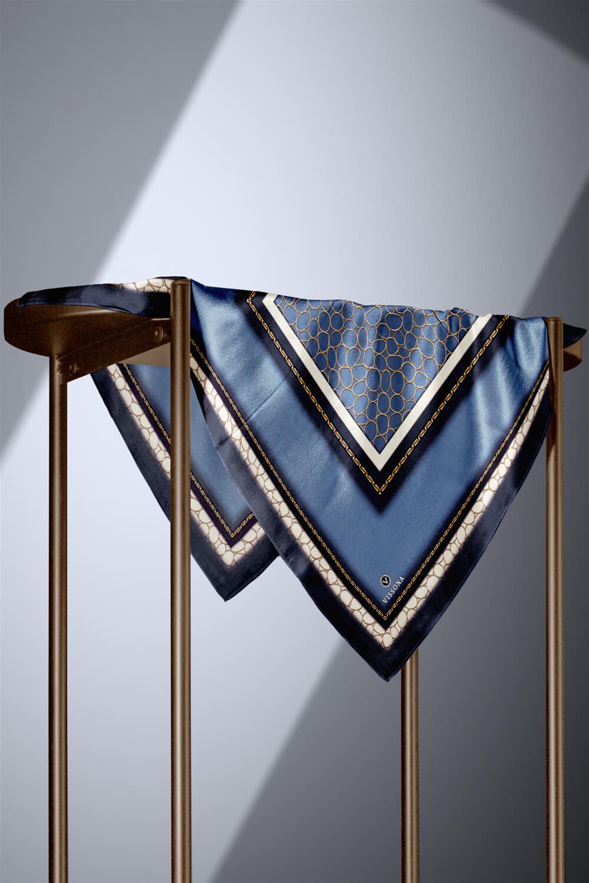 %100 Twill İpek Gold Halka Desenli İndigo - Lacivert Renkli 90x90 Eşarp Dikim Şekli : El Dikişi