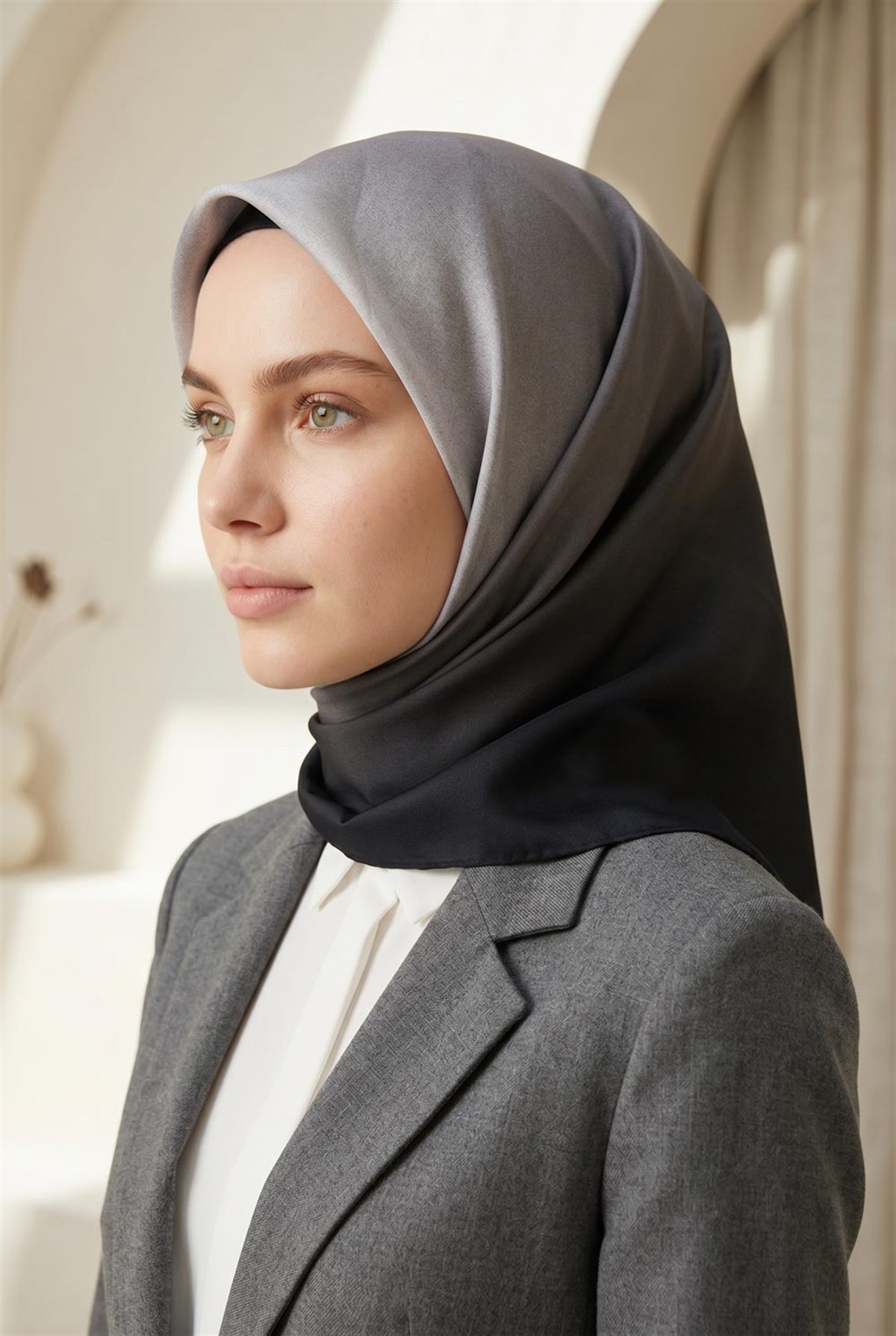 %100 Twill İpek Degrade Desenli Siyah - Gri Renkli 90x90 Eşarp Dikim Şekli : El Dikişi