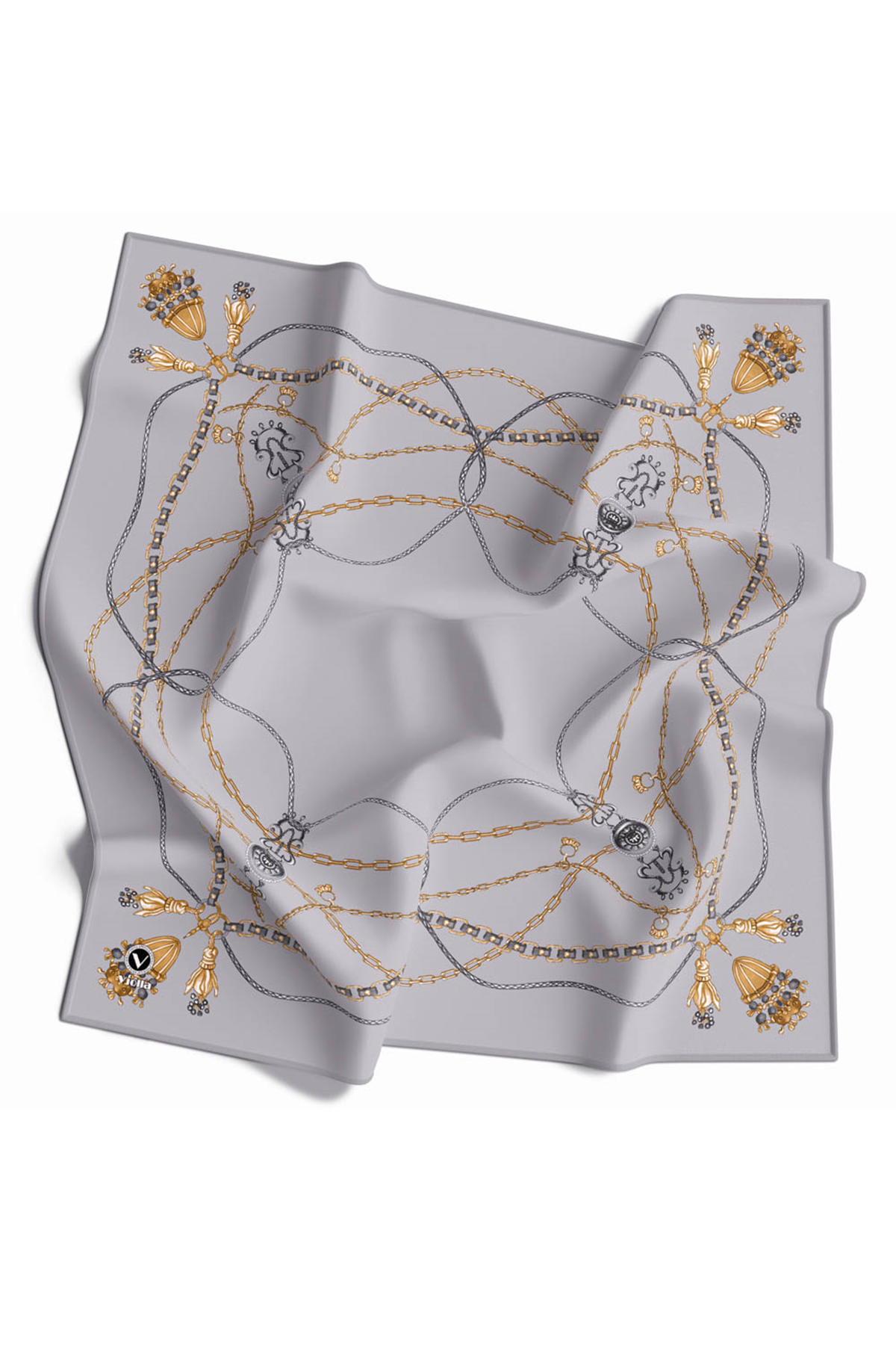 Kristal Geometrik Desenli Gri Renkli 90x90 Eşarp (İpek İçermez) Kenar Dikiş Şekli El Dikişli