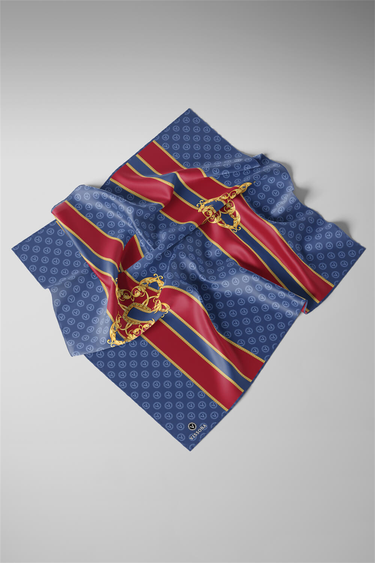 %100 Twill İpek Monogramlı Ve Barok Desenli İndigo - Bordo Renkli 90x90 Eşarp Dikim Şekli : El Dikişi