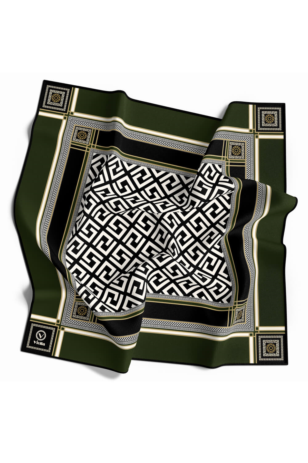 Twill Antik Desenli Zümrüt Yeşili Renkli 90x90 Eşarp (İpek İçermez) Kenar Dikiş Şekli El Dikişli