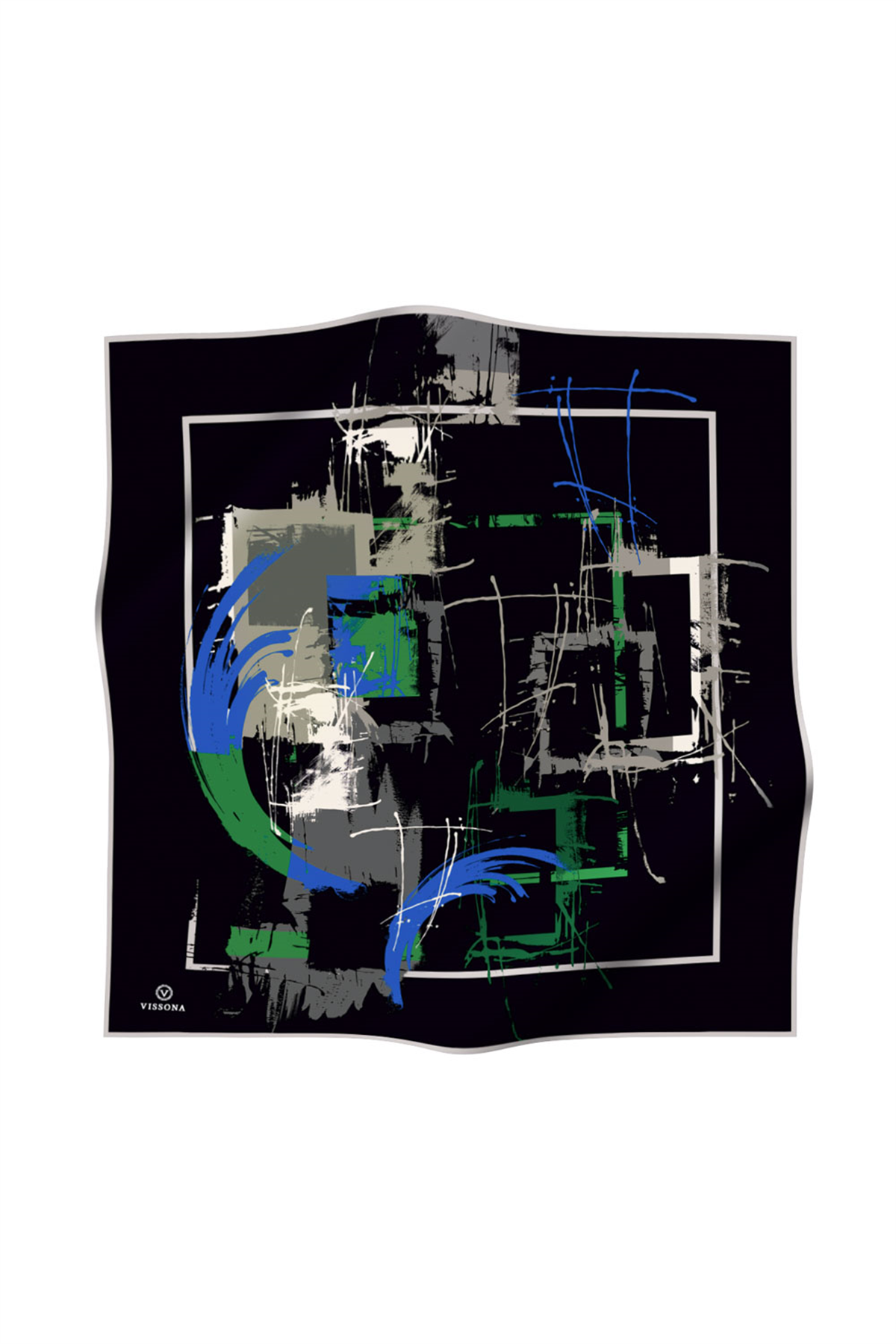 % 57 İPEK % 43 VİSKON Twill İpek Geometrik Desenli Saks - Zümrüt Yeşili Renkli 90x90 Eşarp Dikim Şekli : El Dikişi