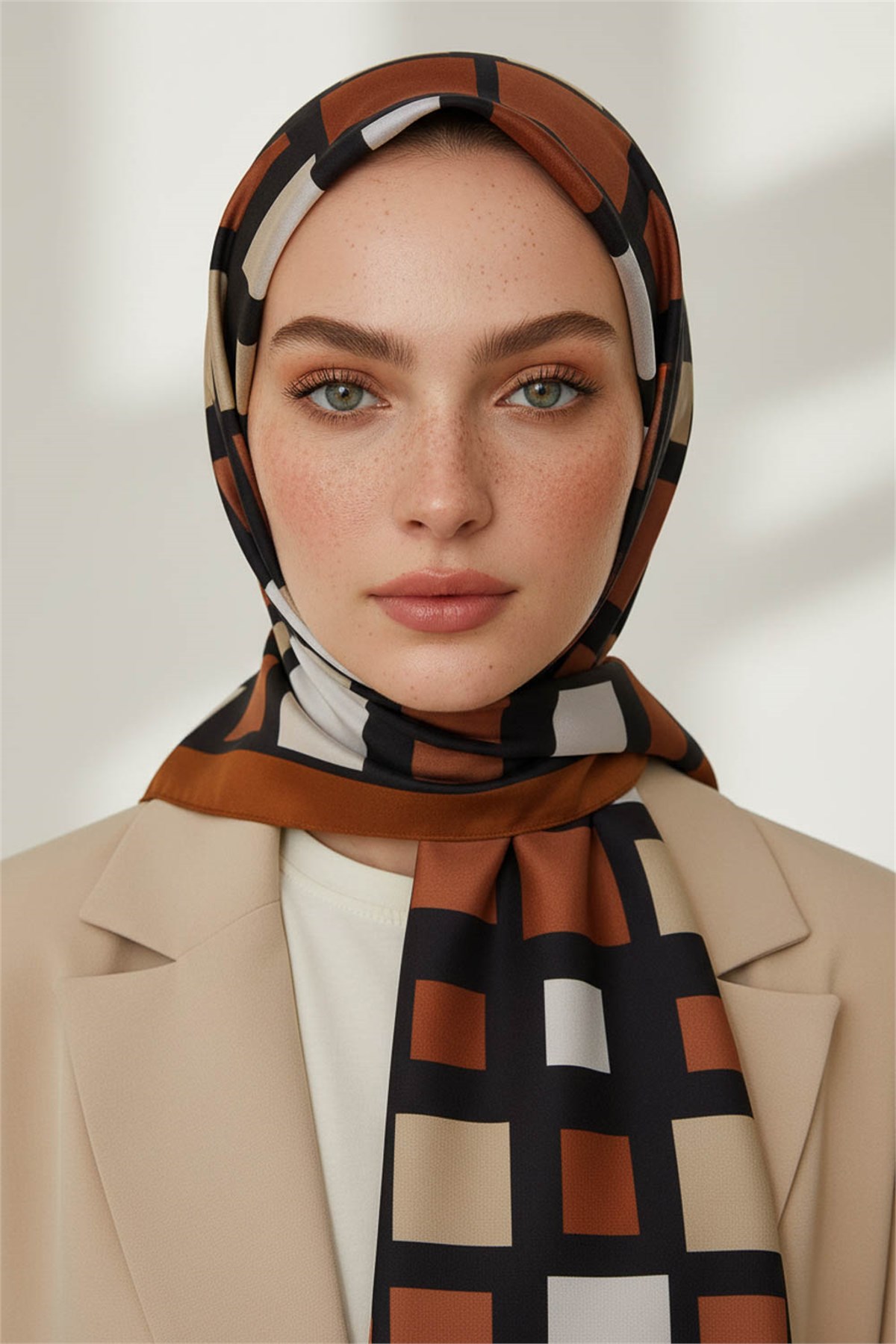 KREP KARE DESENLİ TABA RENKLİ 75X195 KIRIŞMAZ ŞAL