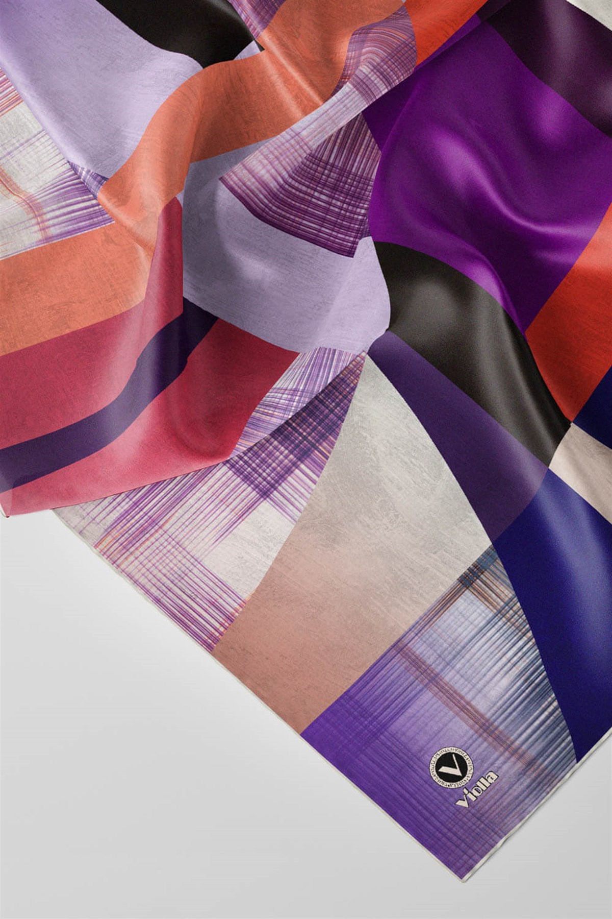 Twill Geometrik Desenli Mor Renkli 90x90 Eşarp (İpek İçermez) Kenar Dikiş Şekli El Dikişli