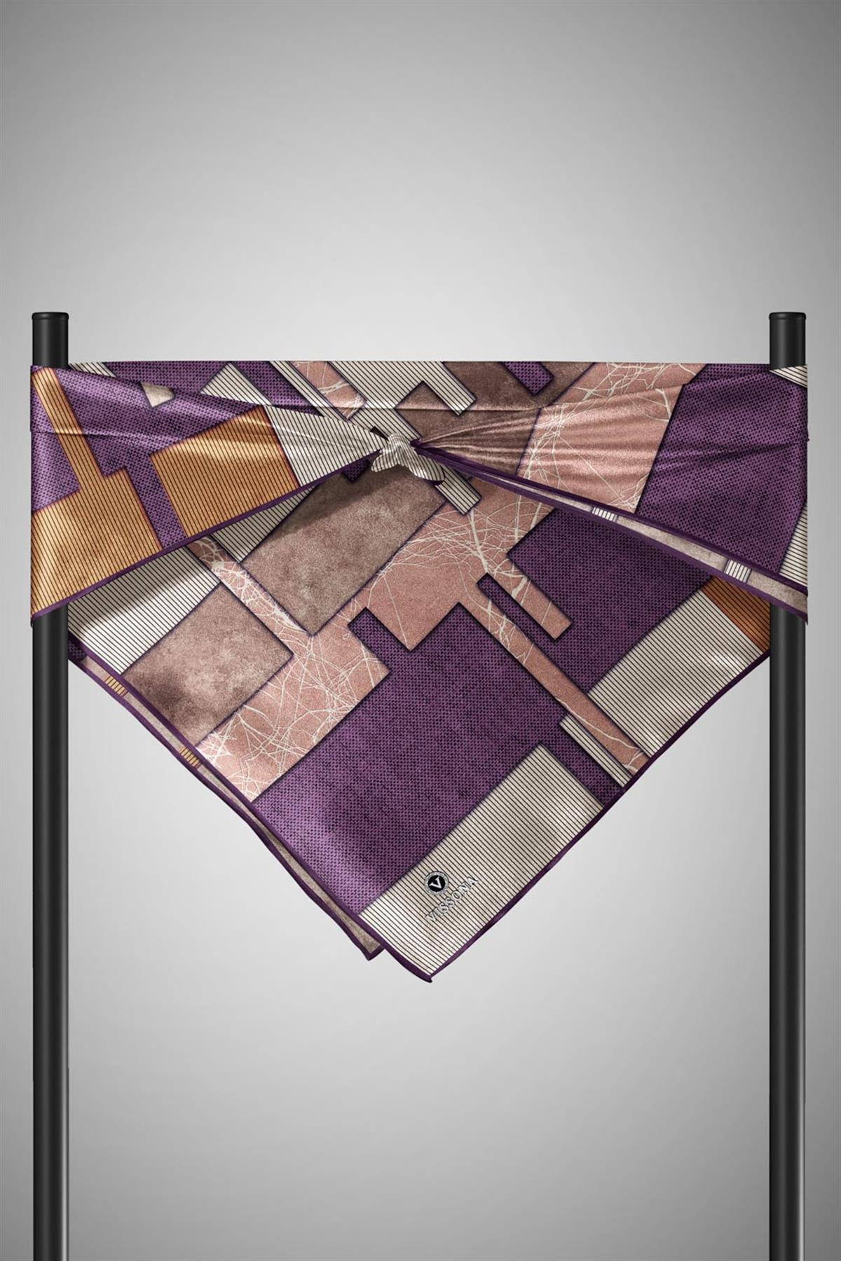 %100 Twill İpek Geometrik Desenli Mürdüm Renkli 90x90 Eşarp Dikim Şekli : El Dikişi