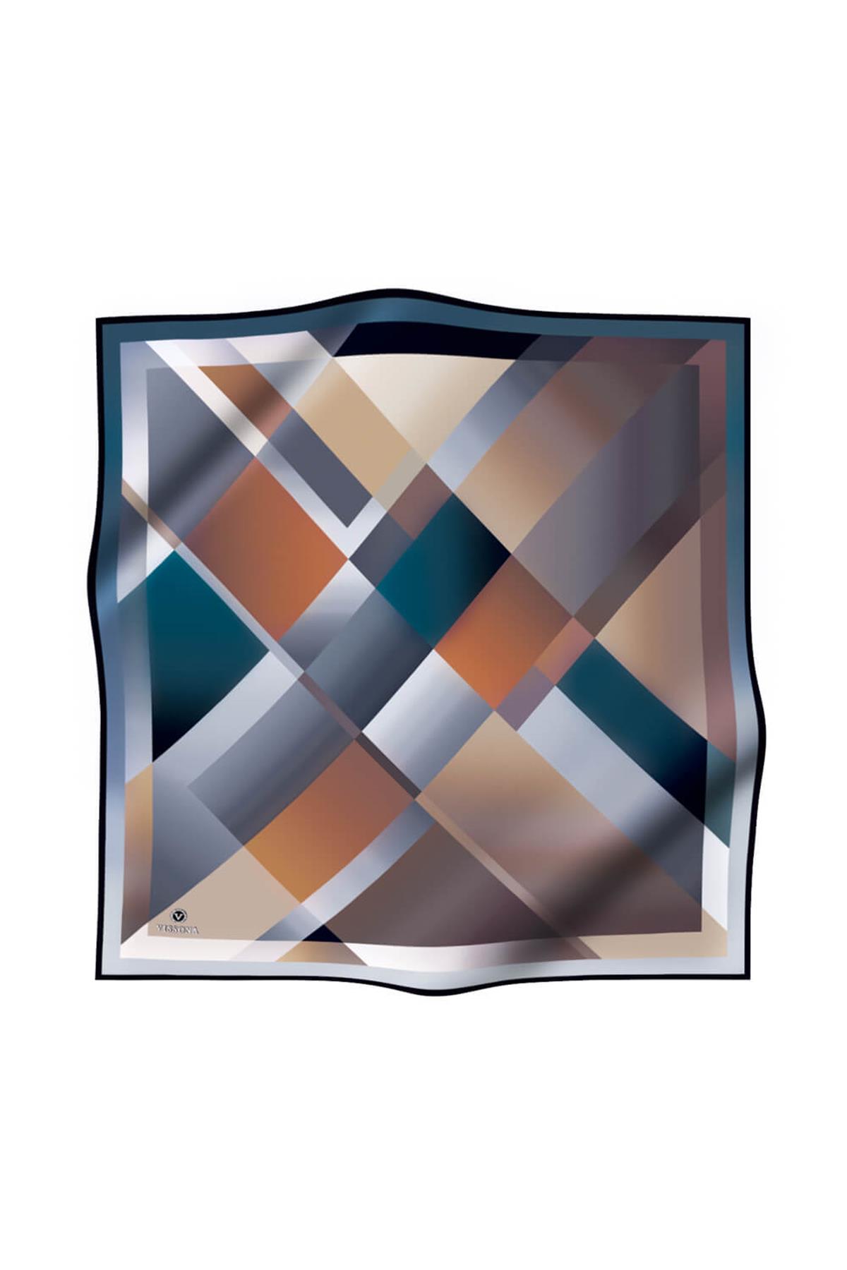 %100 Twill İpek Geometrik Desenli Petrol Mavisi - Gri Renkli 90x90 Eşarp Dikim Şekli : El Dikişi