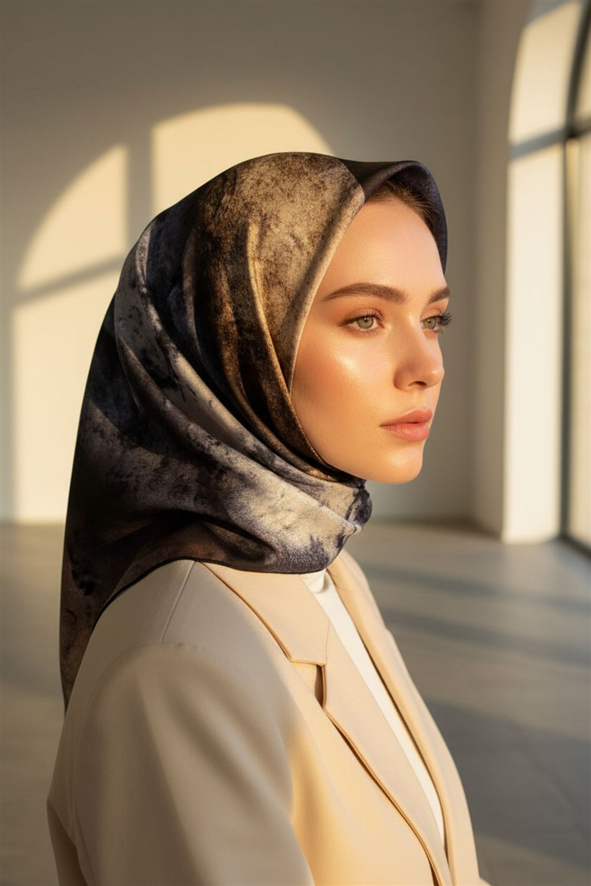 % 57 İPEK % 43 VİSKON Twill İpek Dokulu Ve Geometrik Desenli Bej - Gri Renkli 90x90 Eşarp Dikim Şekli : El Dikişi