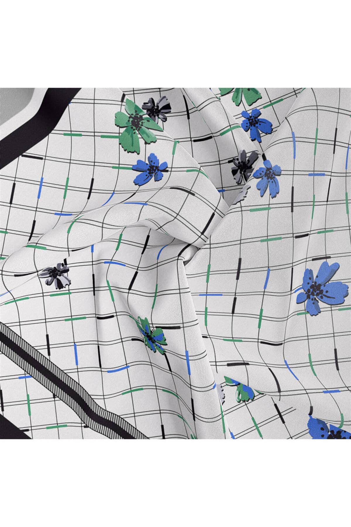 %100 Twill İpek Çıtır Çiçek Desenli Saks - Zümrüt Yeşili Renkli 90x90 Eşarp Dikim Şekli : El Dikişi