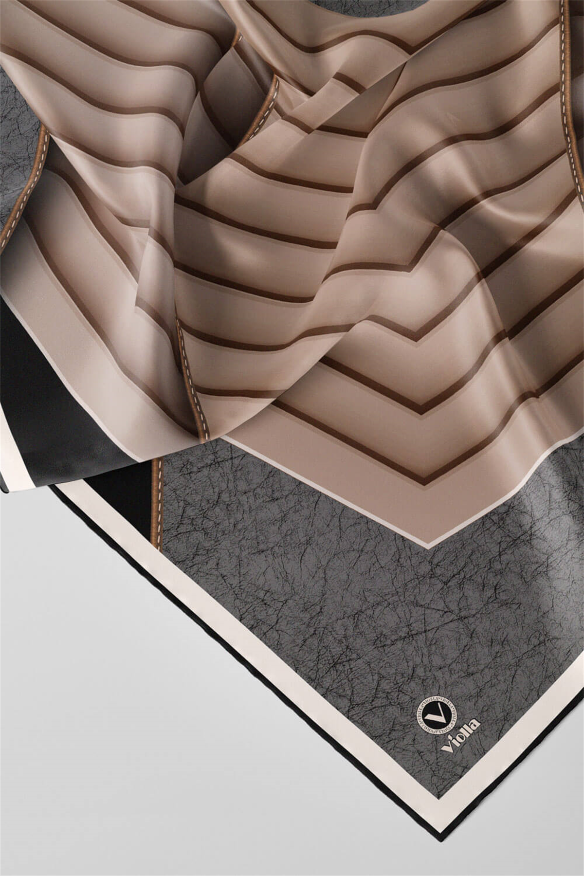 Twill Zigzag Desenli Gri - Bej Renkli 90x90 Eşarp (İpek İçermez) Kenar Dikiş Şekli El Dikişli