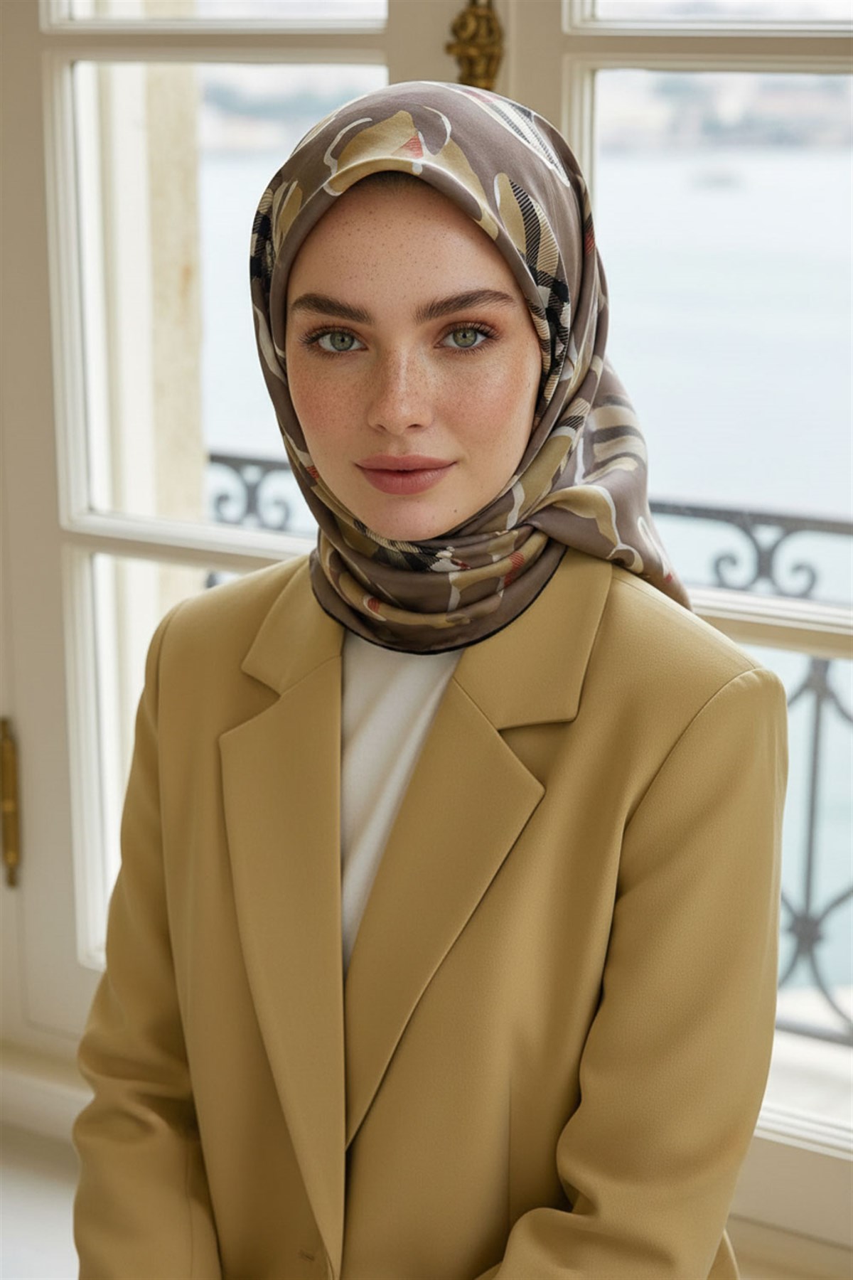 %100 Twill İpek Leopar Desenli Bej - Bej Renkli 90x90 Eşarp Dikim Şekli : El Dikişi