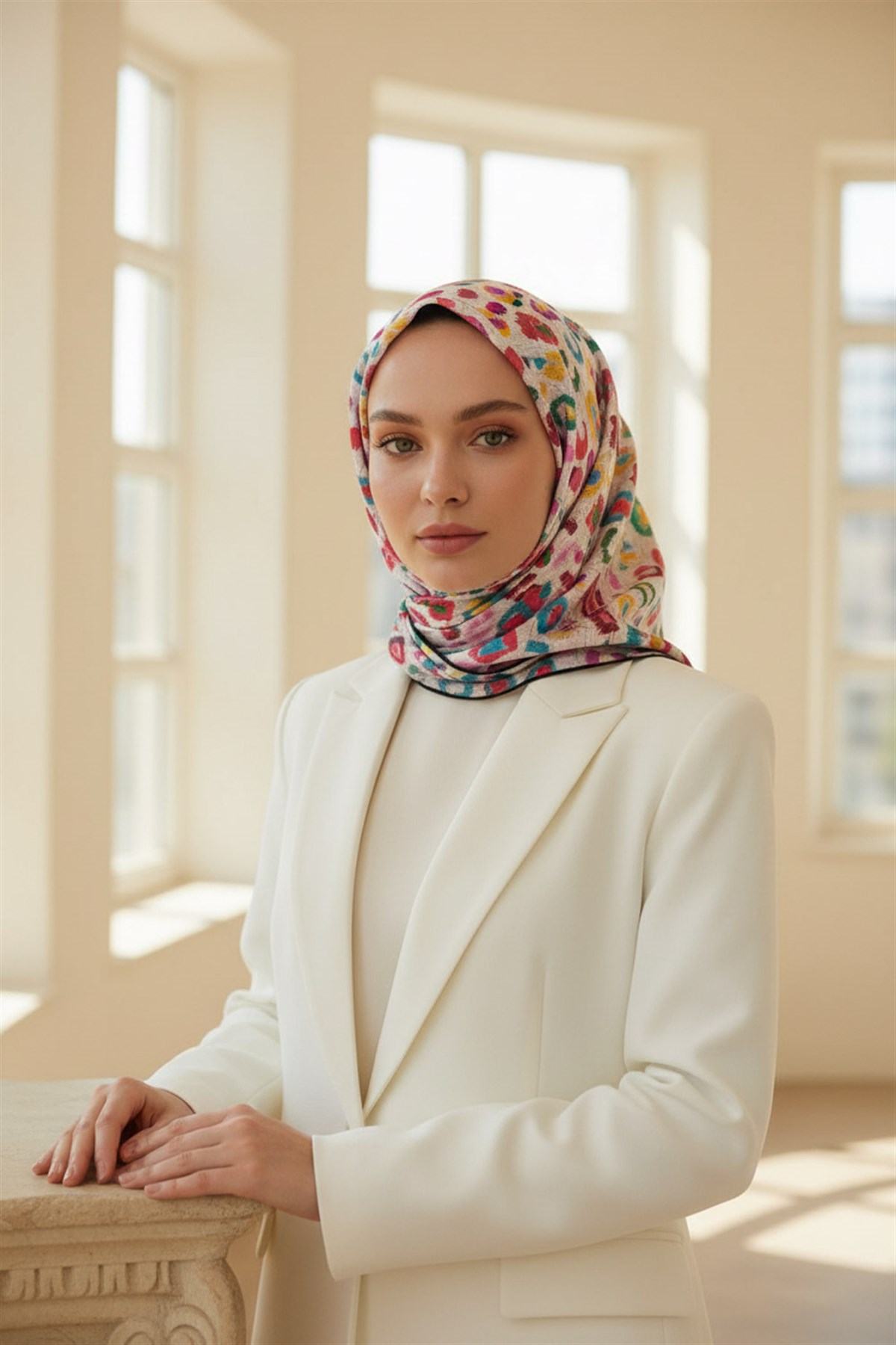%100 Twill İpek Renkli Leopari Desenli Sarı - Pudra Renkli 90x90 Eşarp Kenar Dikiş Şekli El Dikişli