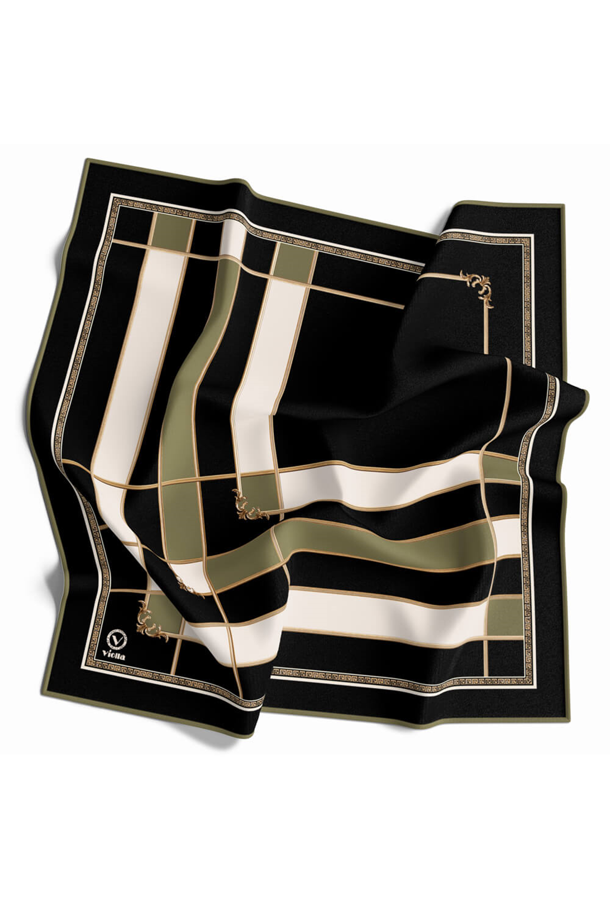 Twill Gold Detaylı Kareli Desenli Haki Renkli 90x90 Eşarp (İpek İçermez) Kenar Dikiş Şekli El Dikişli