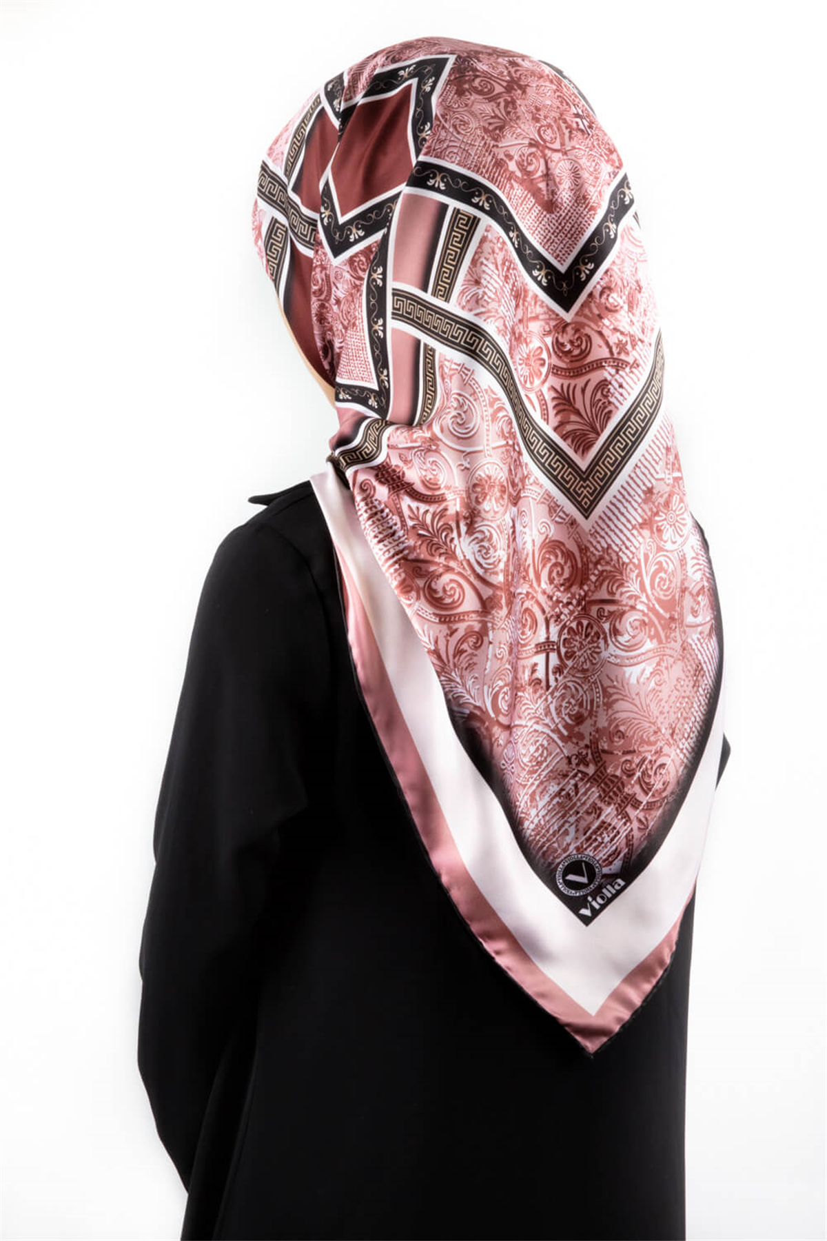 Twill Geometrik Desenli Pudra Renkli 90x90 Eşarp (İpek İçermez) Kenar Dikiş Şekli El Dikişli