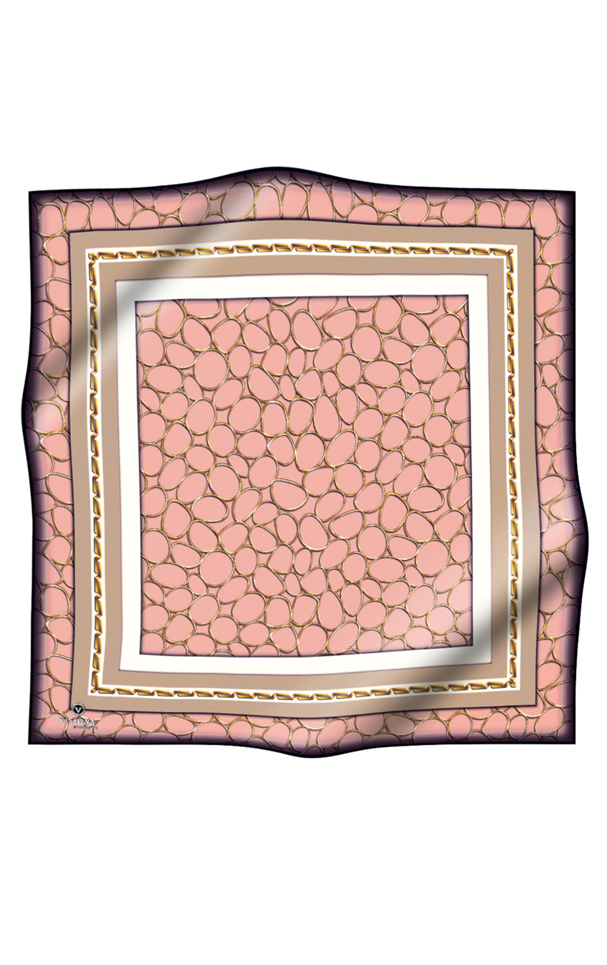 %100 Twill İpek Zincir Desenli Pudra - Bej Renkli 90x90 Eşarp Kenar Dikiş Şekli El Dikişli