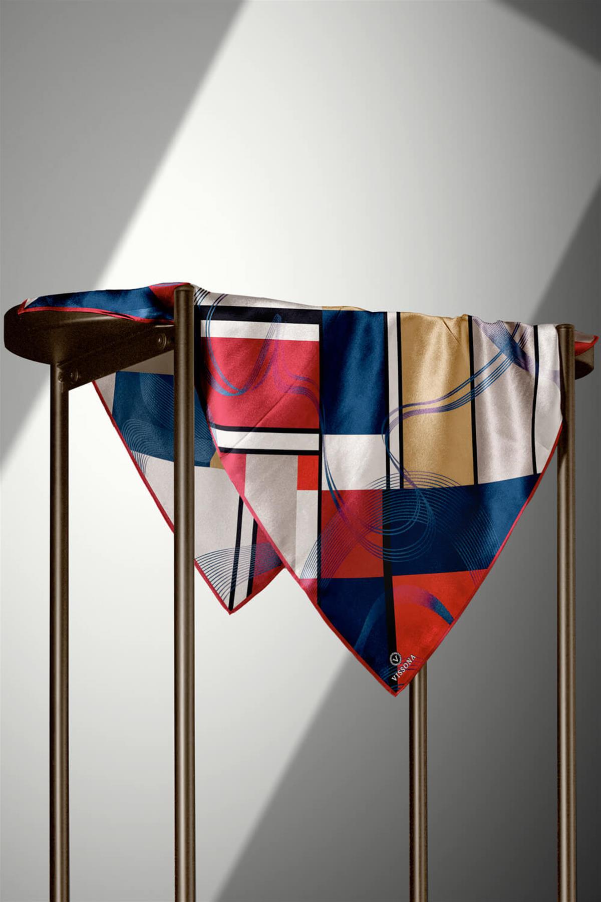 %100 Twill İpek Geometrik Desenli Kırmızı- Lacivert Renkli 90x90 Eşarp Dikim Şekli : El Dikişi