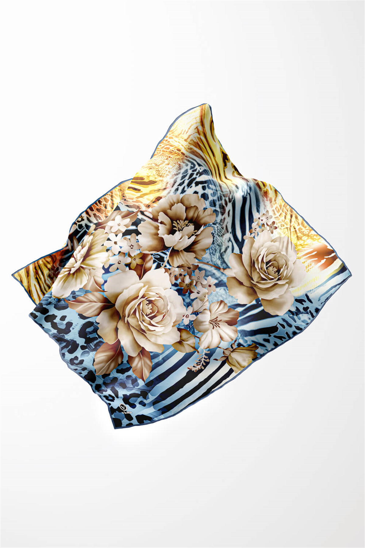 Twill Renkli Şerit Desenli İndigo - Sarı Renkli 90x90 Eşarp (İpek İçermez) Kenar Dikiş Şekli El Dikişli