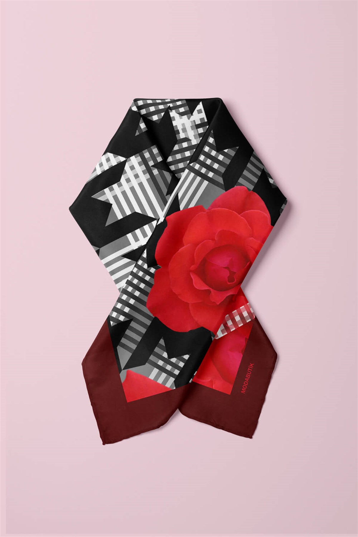 Violla V19 Kadın Gül Desenli Bandana 50x50 Kırmızı Siyah Beyaz DG0441-22