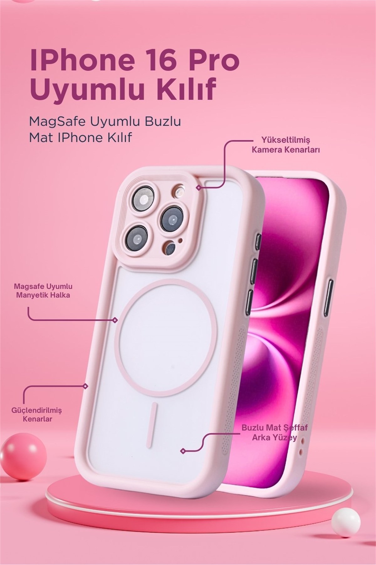 iPhone 16 Pro Kılıf – Kamera Korumalı – MagSafe Uyumlu – Pembe Renk – Mat Silikon Telefon Kılıfı