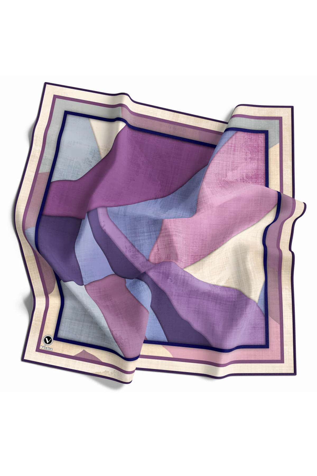 Twill Geometrik Desenli Mor Renkli 90x90 Eşarp (İpek İçermez) Kenar Dikiş Şekli El Dikişli