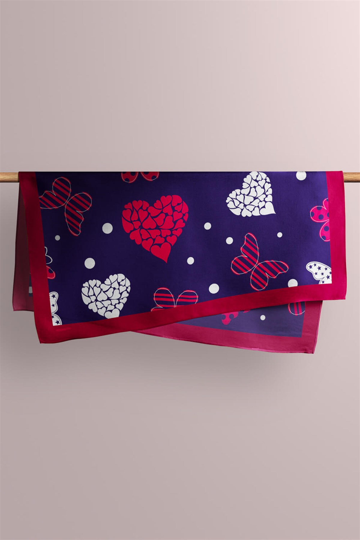 Violla Y16 Kadın Kalp Ve Kelebek Desenli Bandana 50x50 Kırmızı Beyaz Mavi DG0471-22