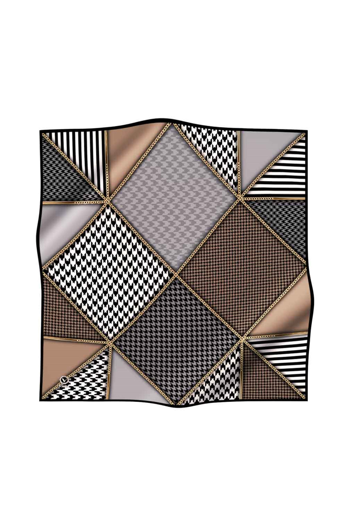 Twil Geometrik Ve Kazayak Desenli Gri - Bej Renkli 90x90 Eşarp (İpek İçermez) Dikim Şekli : El Dikişi