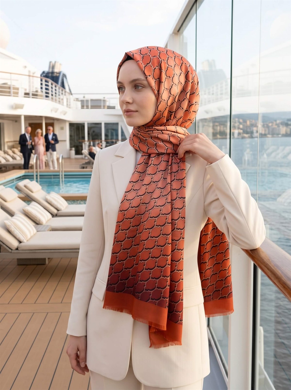 %100 Saf İpek Şal İnce Saten Vual Dokuma Petek Desenli Taba - Somon Renkli 90x210 Şal