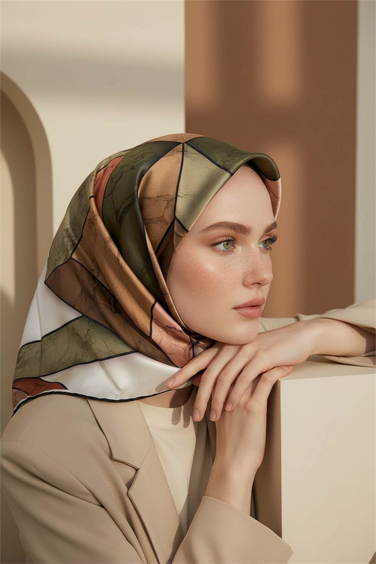 Rayon Mermer Desenli Bakır - Haki Renkli 90x90 Eşarp (İpek İçermez) Kenar Dikiş Şekli El Dikişli
