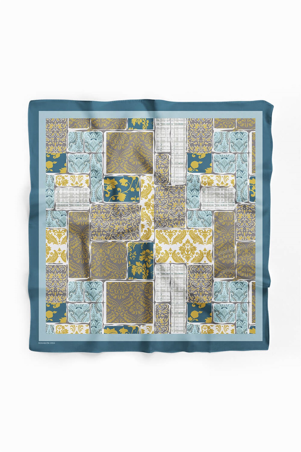 Violla D55 Kadın Hardal Açık Mavi Field Desenli 50x50 Bandana