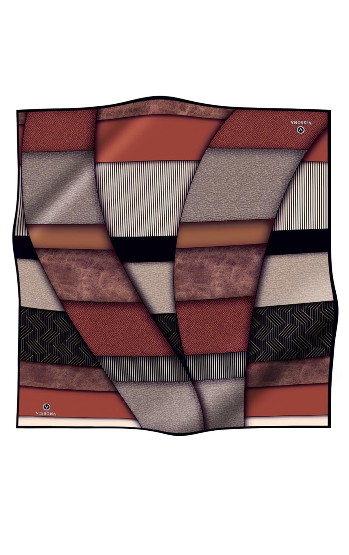 %100 Twill İpek Dokulu ve Geometrik Desenli Taba - Siyah Renkli 90x90 Eşarp Dikim Şekli : El Dikişi