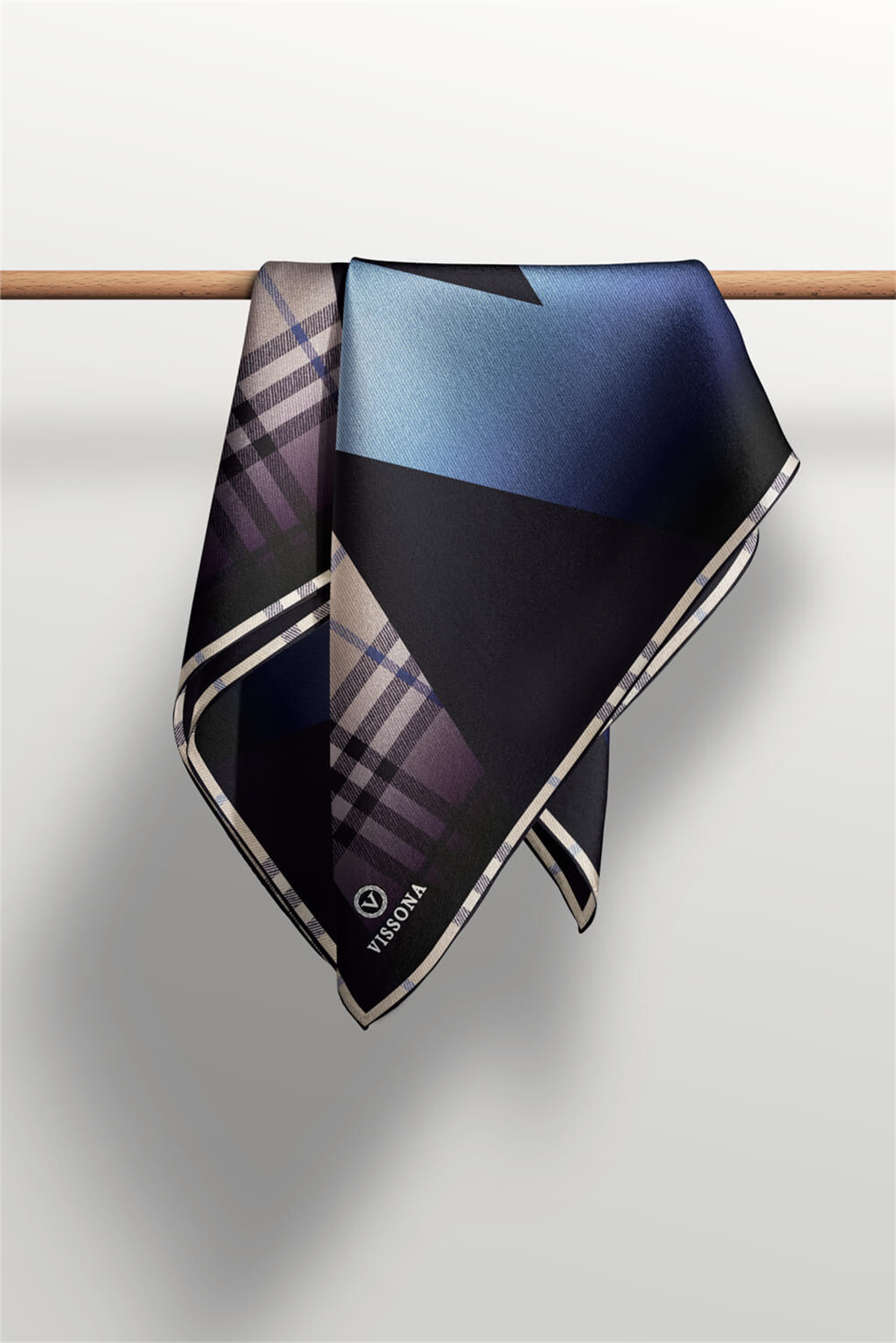 % 57 İPEK % 43 VİSKON Twill İpek Ekose Desenli İndigo - Siyah Renkli 90x90 Eşarp Dikim Şekli : El Dikişi