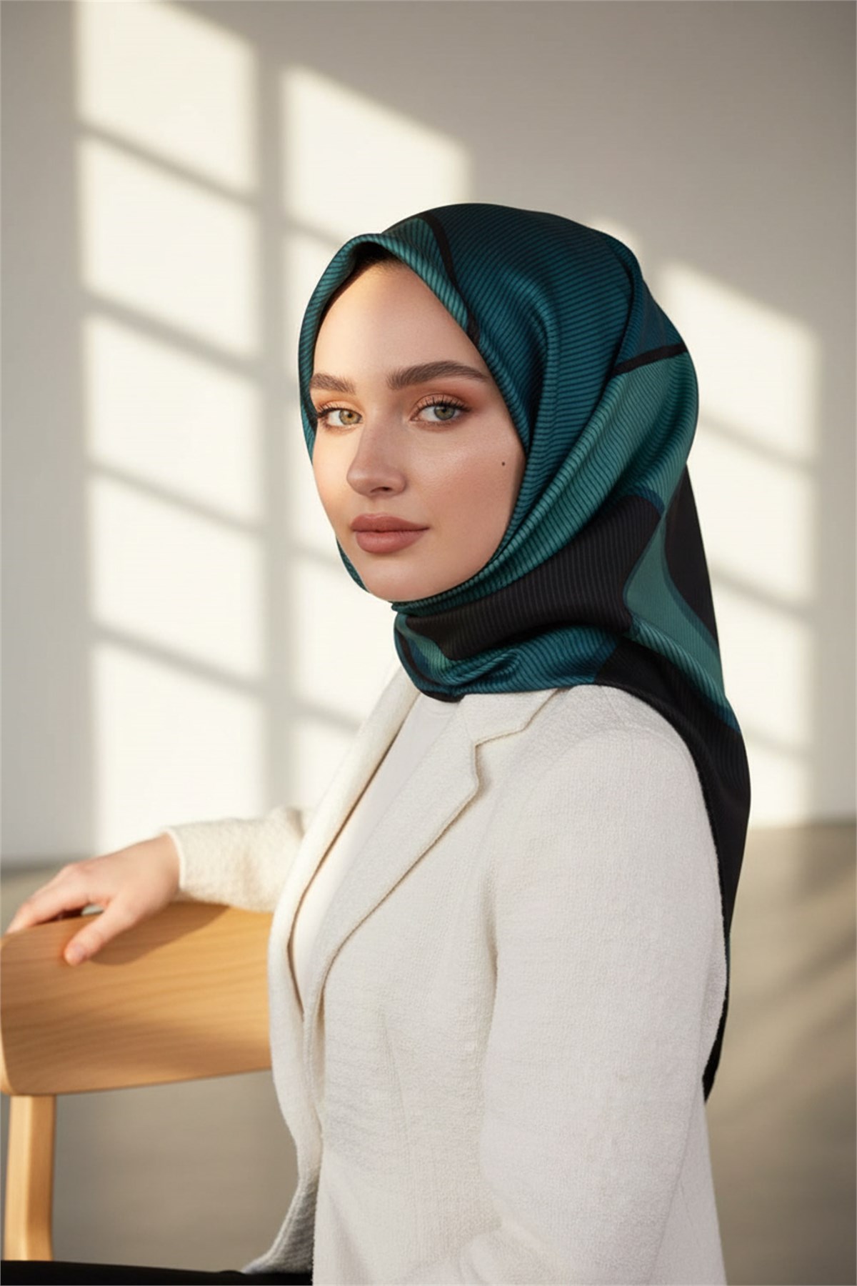 %100 Twill İpek Geometrik Desenli Lacivert Renkli 90x90 Eşarp Dikim Şekli : El Dikişi