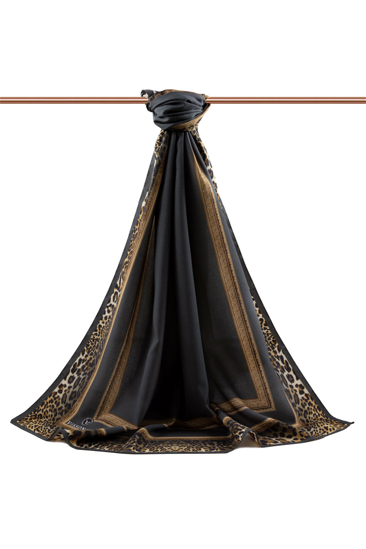 LÜKS MEDİNE İPEĞİ LEOPAR BORDÜR DESENLİ FÜME RENKLİ 75X195 KIRIŞMAZ ŞAL MOSS KREP DİKİŞ TİPİ İTALYAN DİKİŞLİ