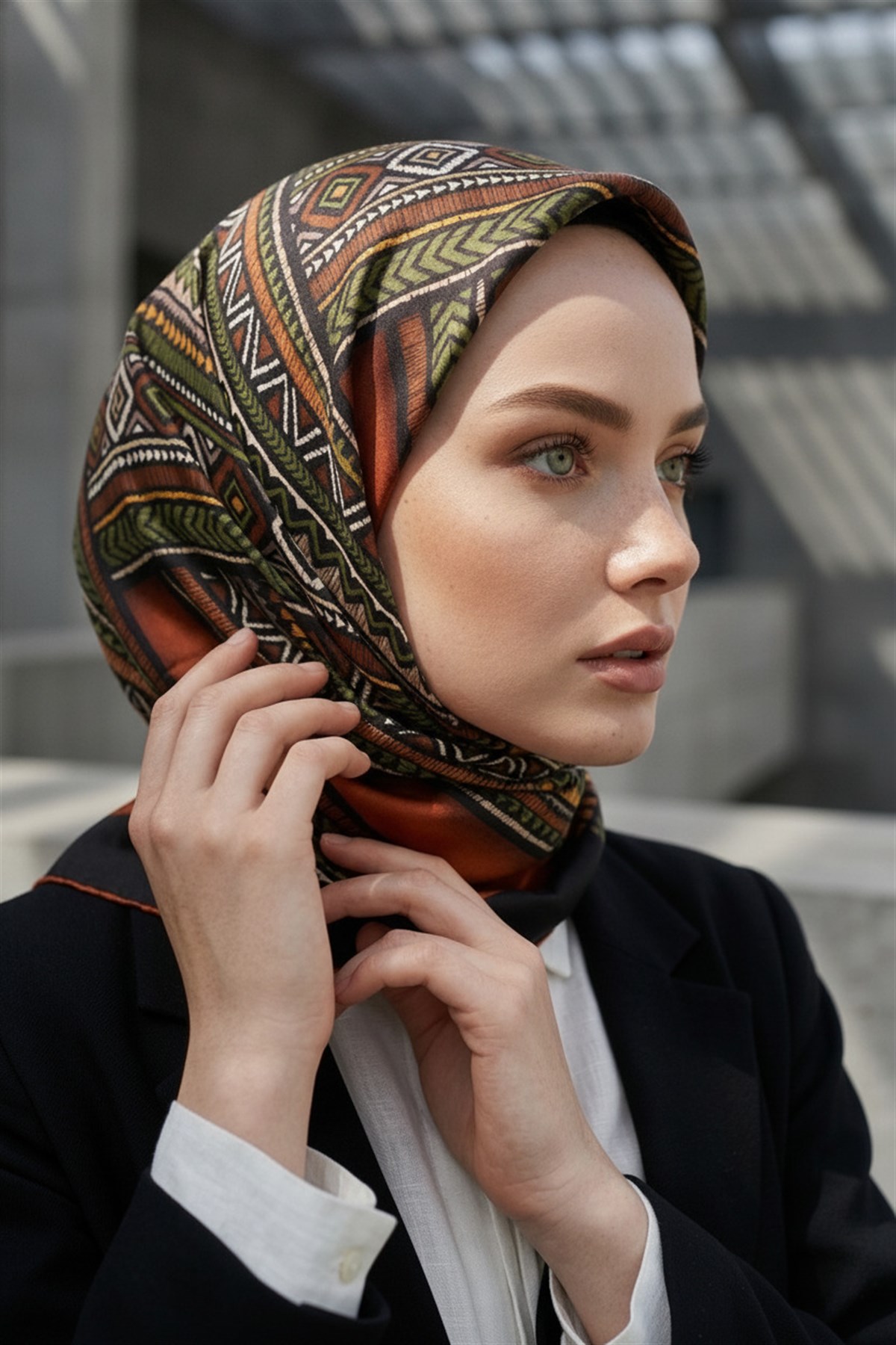 %100 Twill İpek Etnik Desenli Taba - Haki Renkli 90x90 Eşarp Dikim Şekli : El Dikişi
