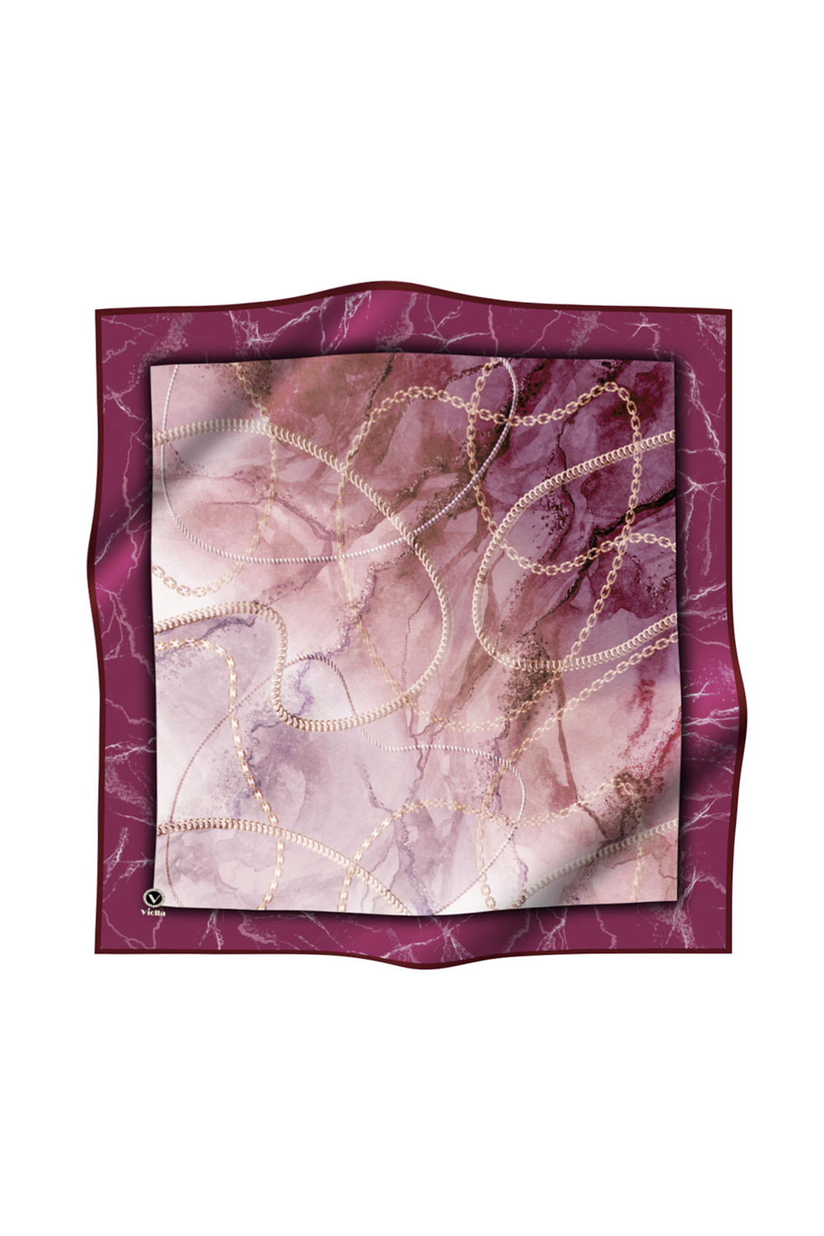 Twill Mermer ve Zincir Desenli Mürdüm Renkli 90x90 Eşarp (İpek İçermez) Kenar Dikiş Şekli El Dikişli
