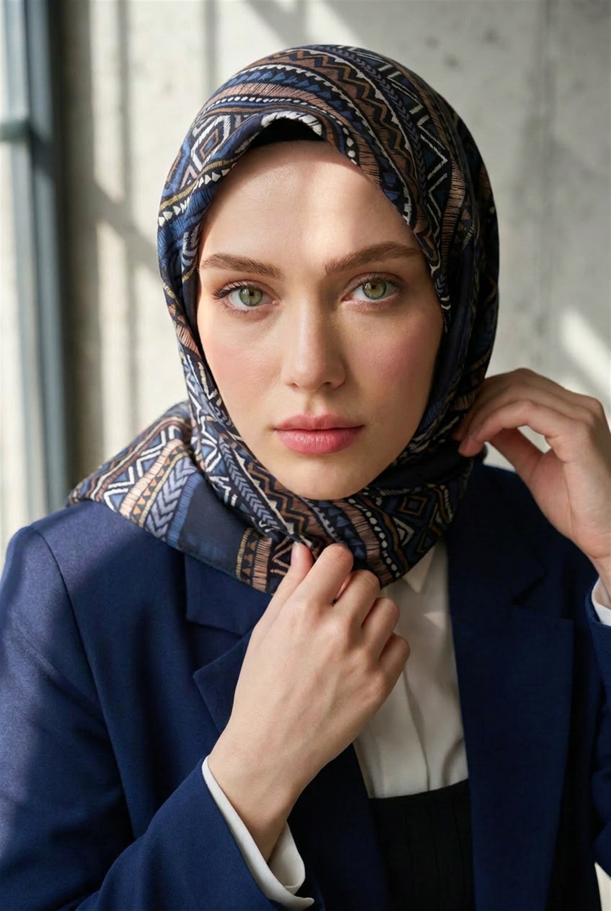%100 Twill İpek Etnik Desenli İndigo - Lacivert Renkli 90x90 Eşarp Dikim Şekli : El Dikişi