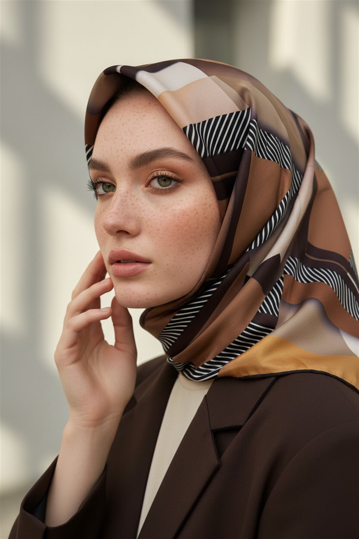 %100 Twill İpek Zebra Desenli Bej - Gold Renkli 90x90 Eşarp Dikim Şekli : El Dikişi