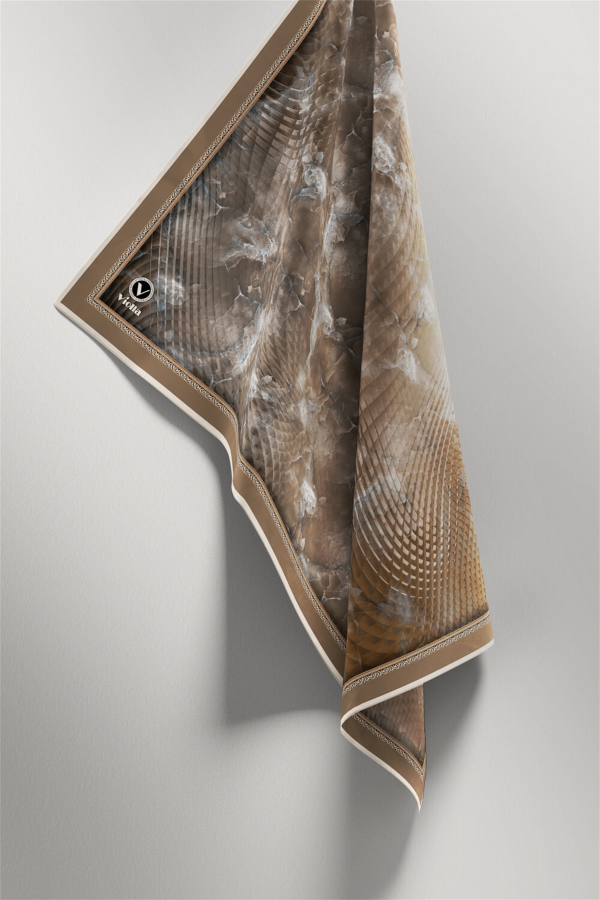 Twill Batik Desenli Bej Renkli 90x90 Eşarp (İpek İçermez) Kenar Dikiş Şekli El Dikişli