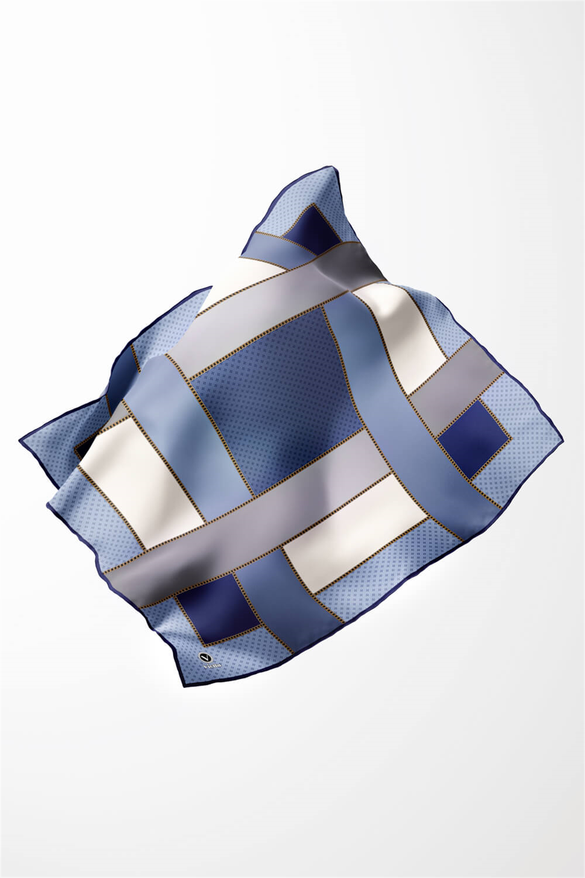 Twill Geometrik Desenli İndigo - Gri Renkli 90x90 Eşarp (İpek İçermez) Kenar Dikiş Şekli El Dikişli