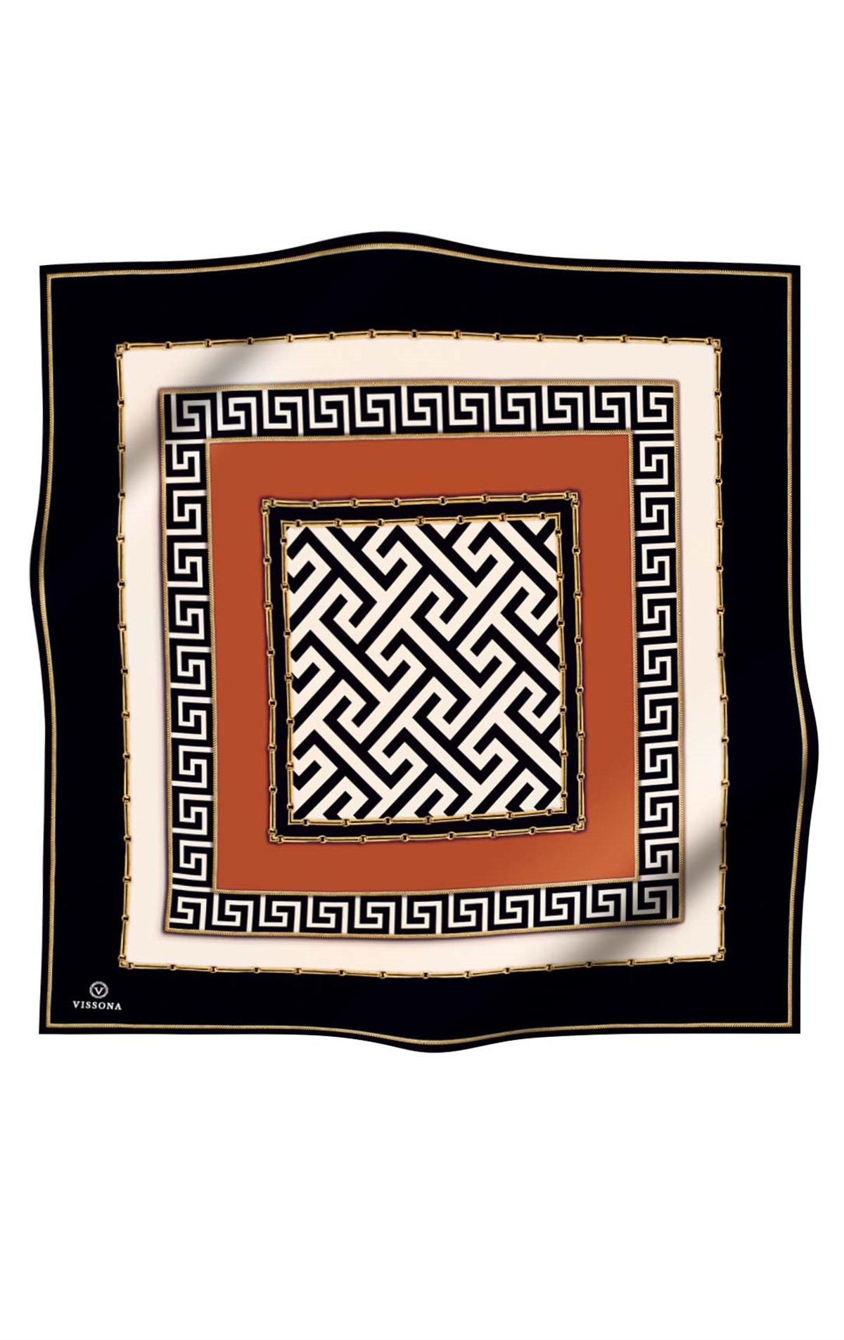 % 57 İPEK % 43 VİSKON Twill İpek Labirent Ve Geometrik Desenli Taba - Siyah Renkli 90x90 Eşarp Dikim Şekli : El Dikişi