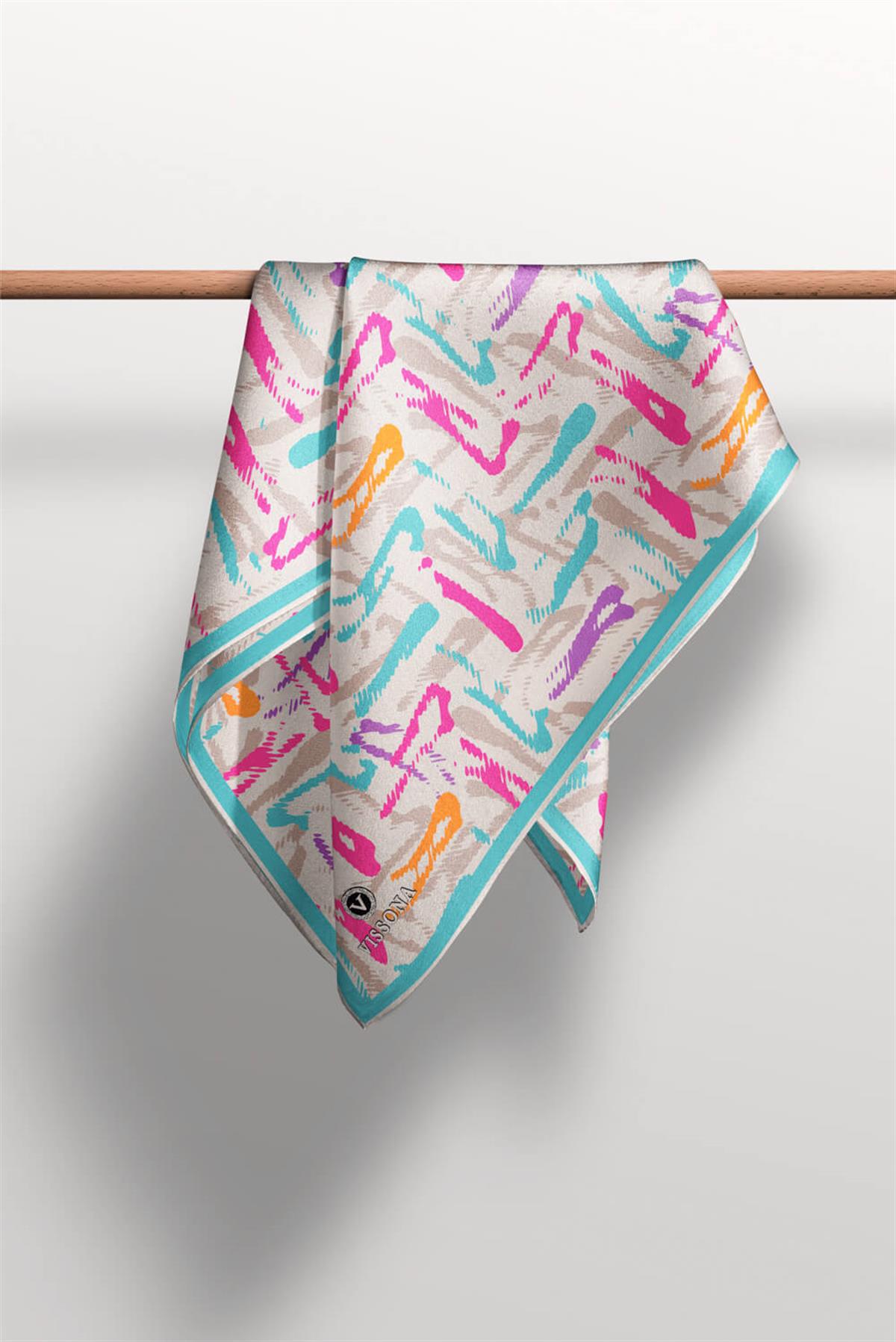 %100 Twill İpek Geometrik Desenli Turkuaz - Pembe Renkli 90x90 Eşarp Dikim Şekli : El Dikişi