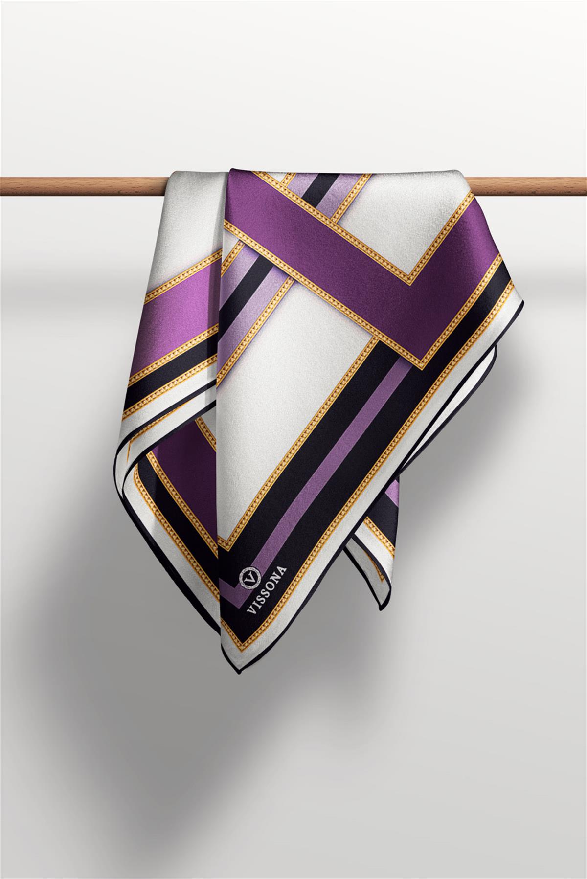 %100 Twill İpek Geometrik Desenli Leylak - Mor Renkli 90x90 Eşarp Dikim Şekli : El Dikişi