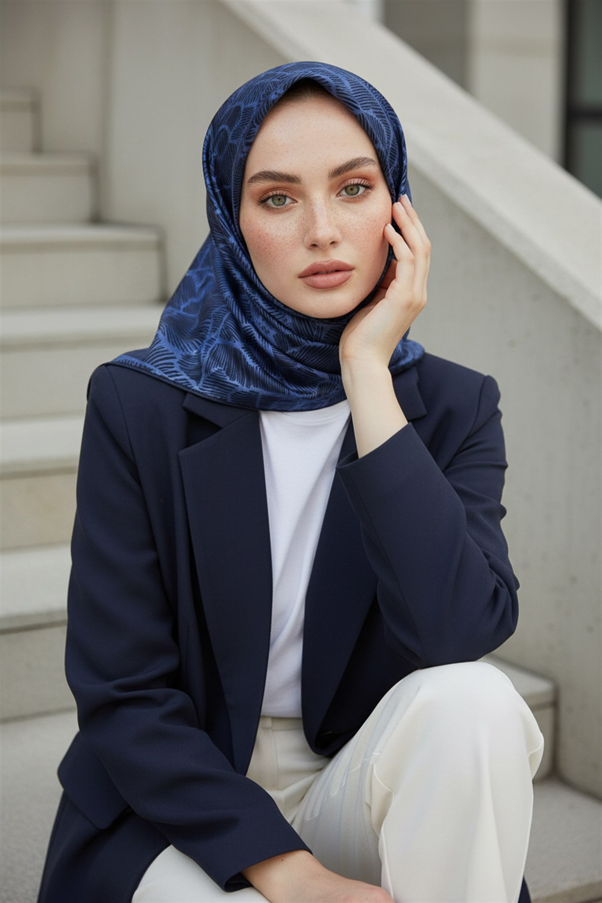 %100 Twill İpek Geometrik Desenli İndigo - Lacivert Renkli 90x90 Eşarp Dikim Şekli : El Dikişi