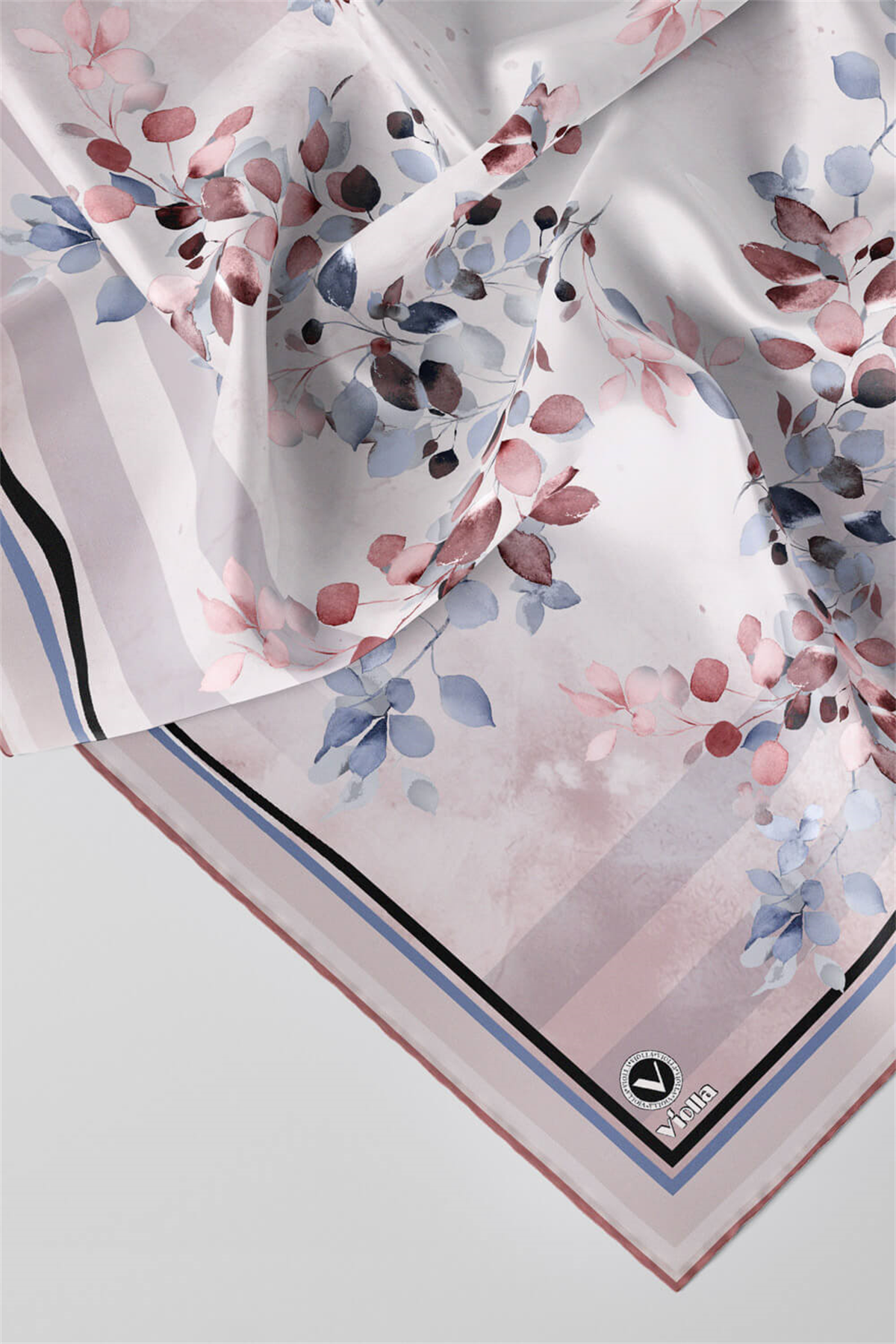Twill Çiçek Desenli Gül Kurusu Renkli 90x90 Eşarp (İpek İçermez) Kenar Dikiş Şekli El Dikişli