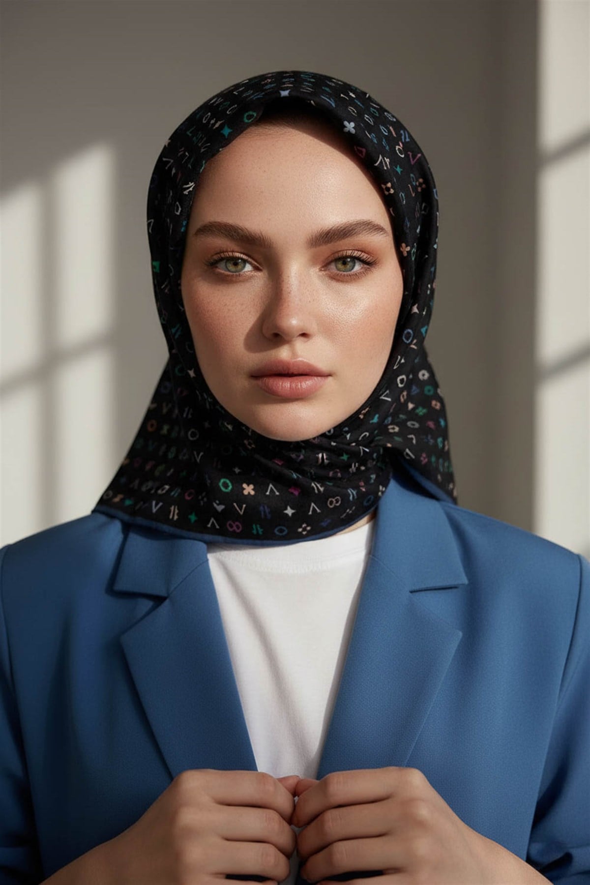 %100 Twill İpek Çıtır Motif Desenli Siyah - İndigo Renkli 90x90 Eşarp Dikim Şekli : El Dikişi