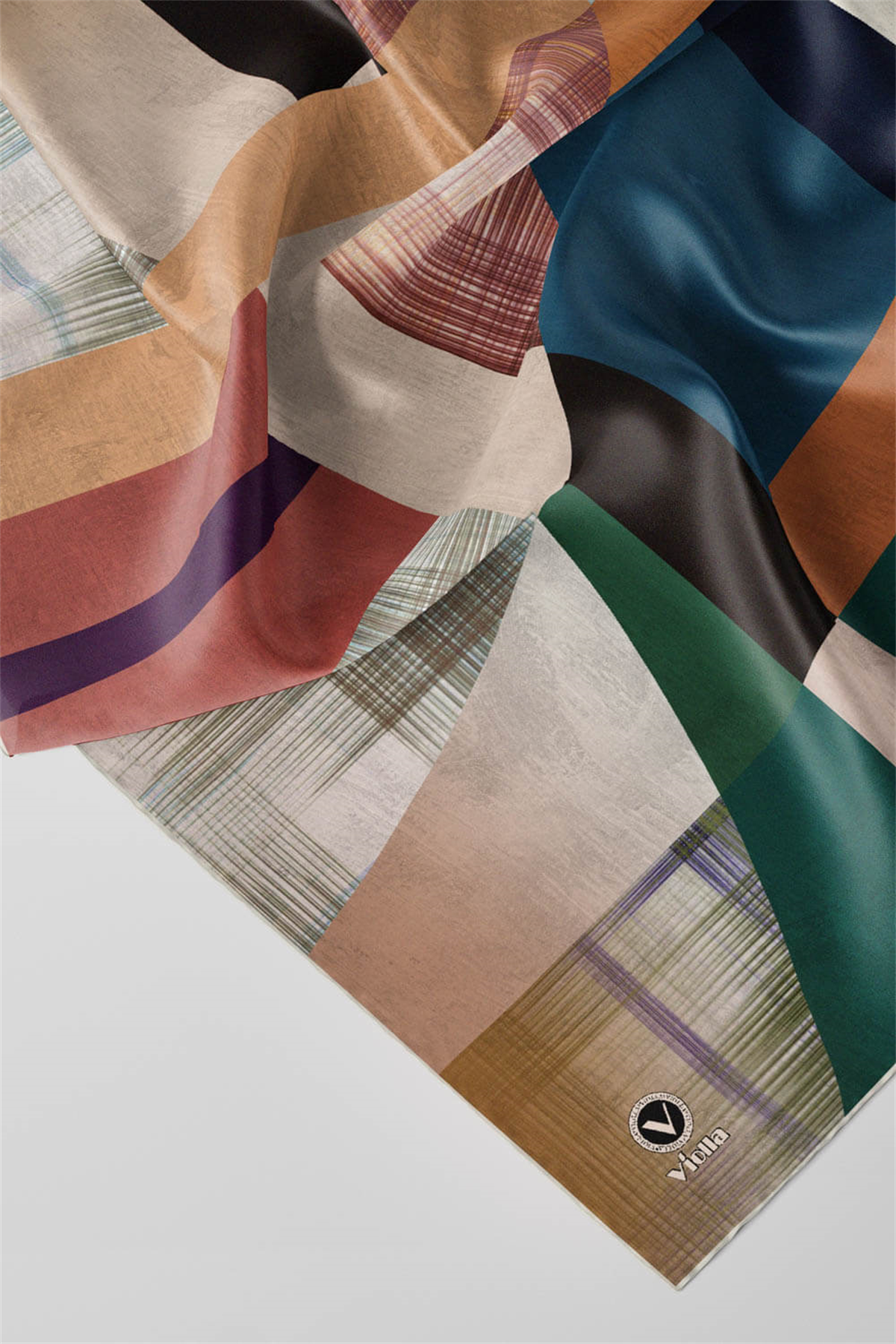 Twill Geometrik Desenli Petrol Yeşili Renkli 90x90 Eşarp (İpek İçermez) Kenar Dikiş Şekli El Dikişli