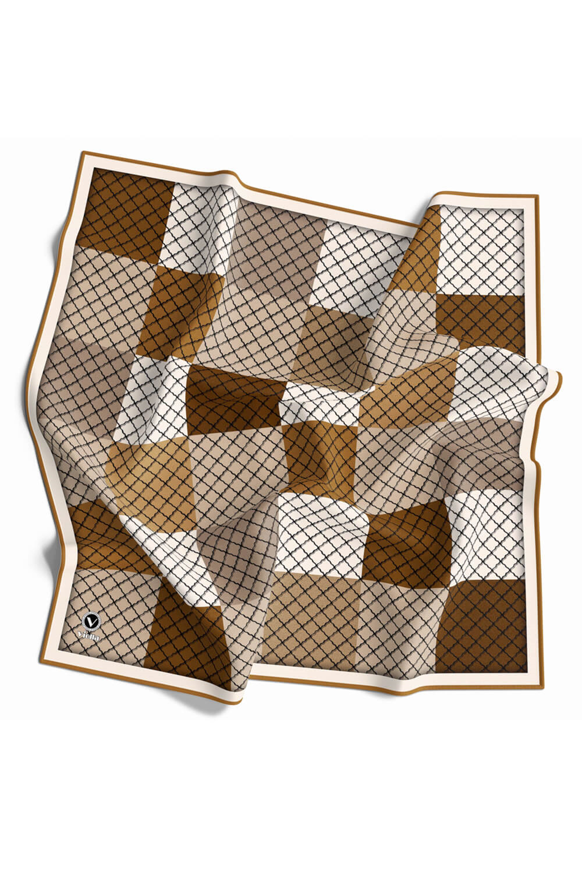 Twill Kare Desenli Hardal Renkli 90x90 Eşarp (İpek İçermez) Kenar Dikiş Şekli El Dikişli