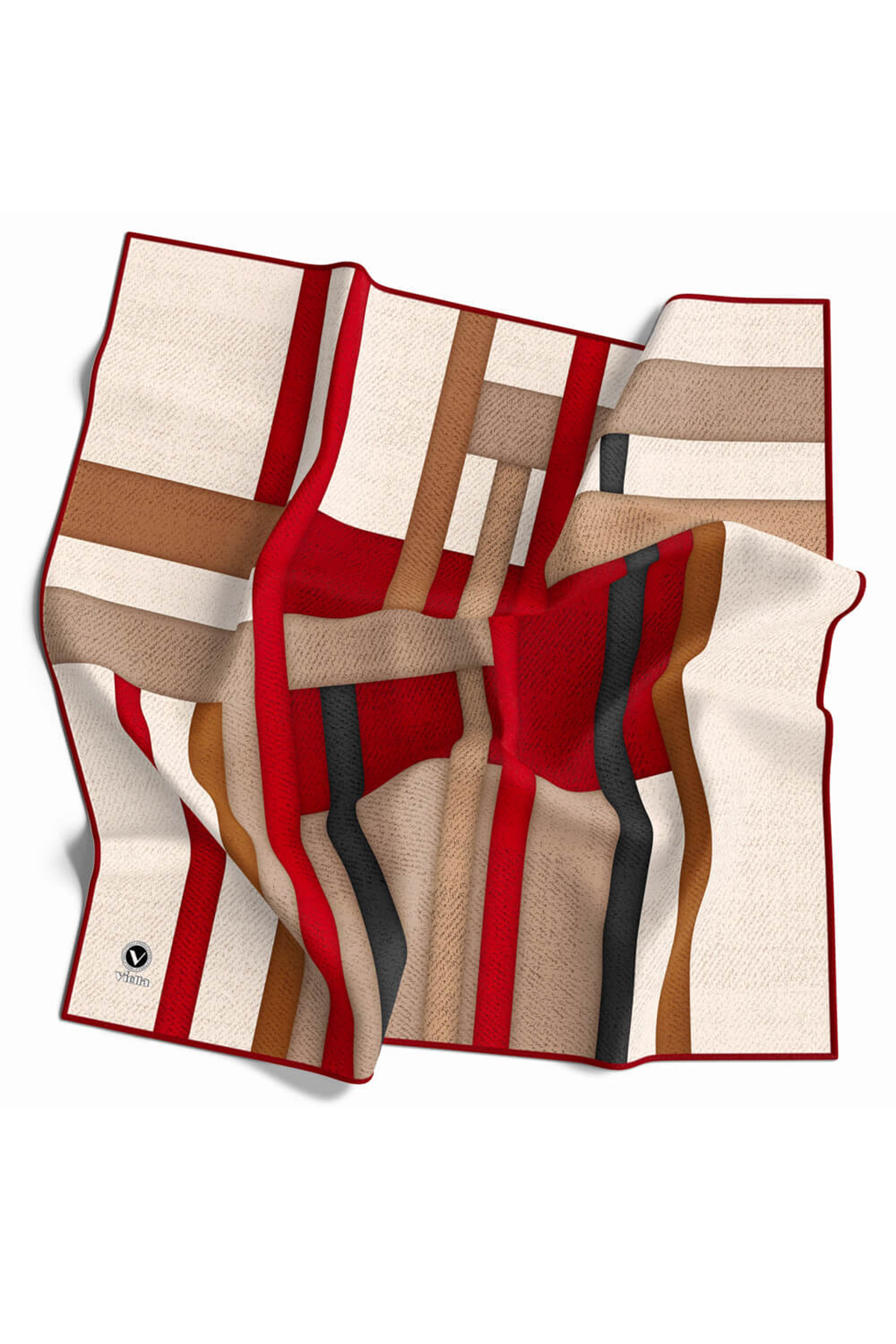 Twill Renkli Şerit Desenli Bordo Renkli 90x90 Eşarp (İpek İçermez) Kenar Dikiş Şekli El Dikişli